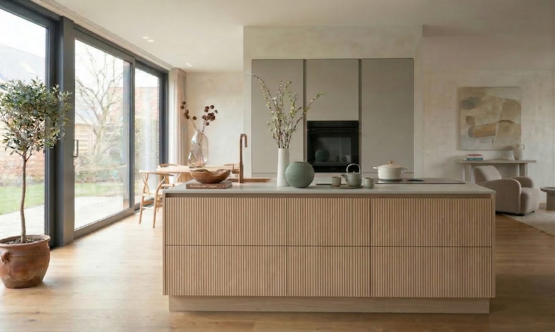 Moderne keuken met warme houtaccenten en strakke lijnen