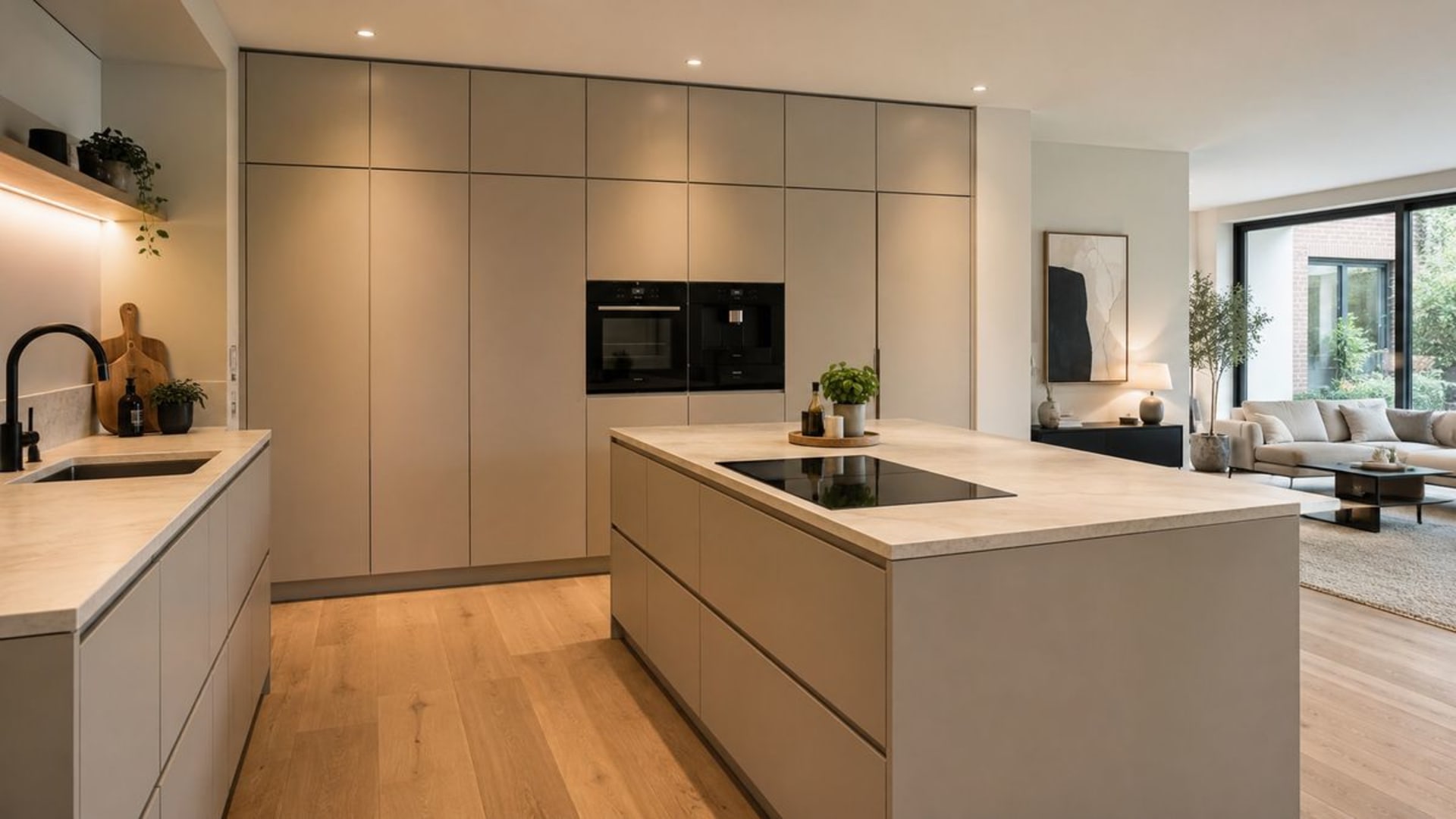 Exclusieve keuken met hoge kastenwand op maat en kookeiland