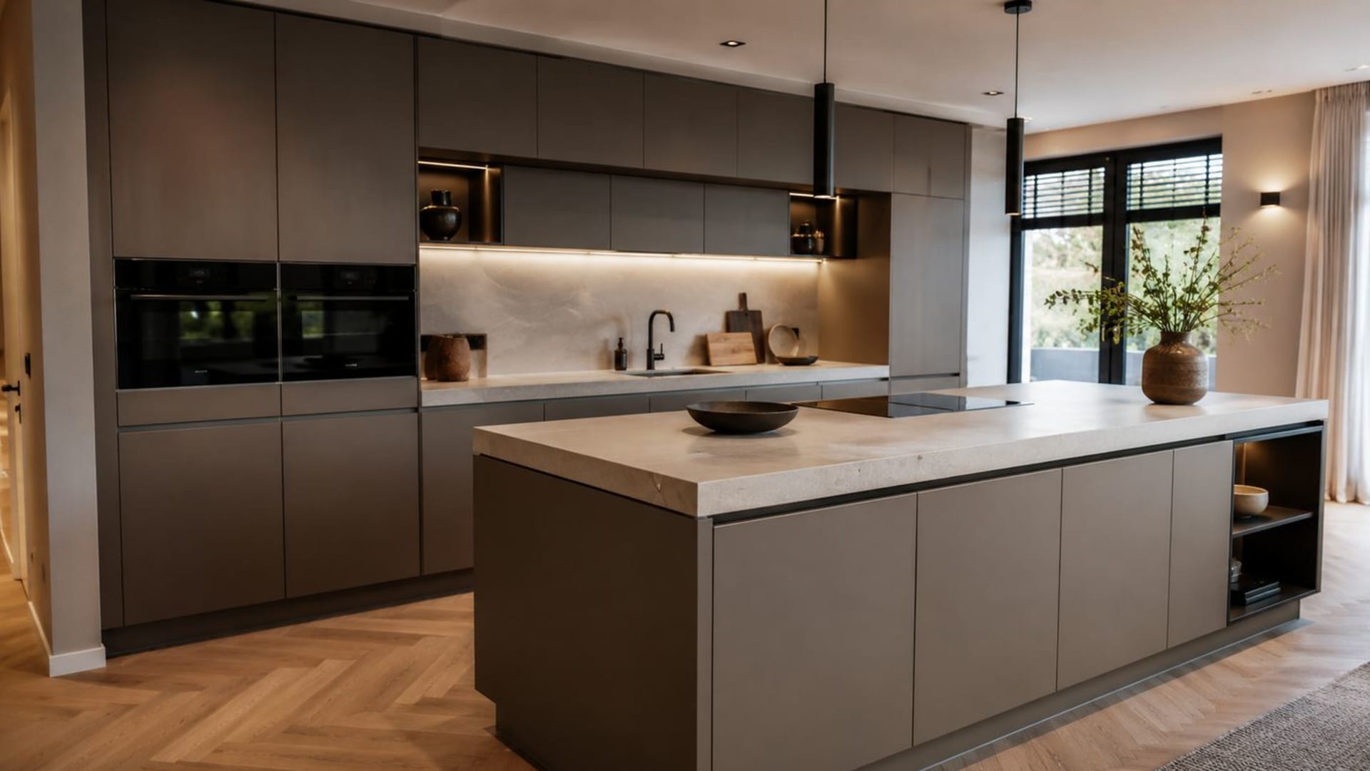 Exclusieve keuken in donker taupe met betonlook werkblad en visgraatvloer