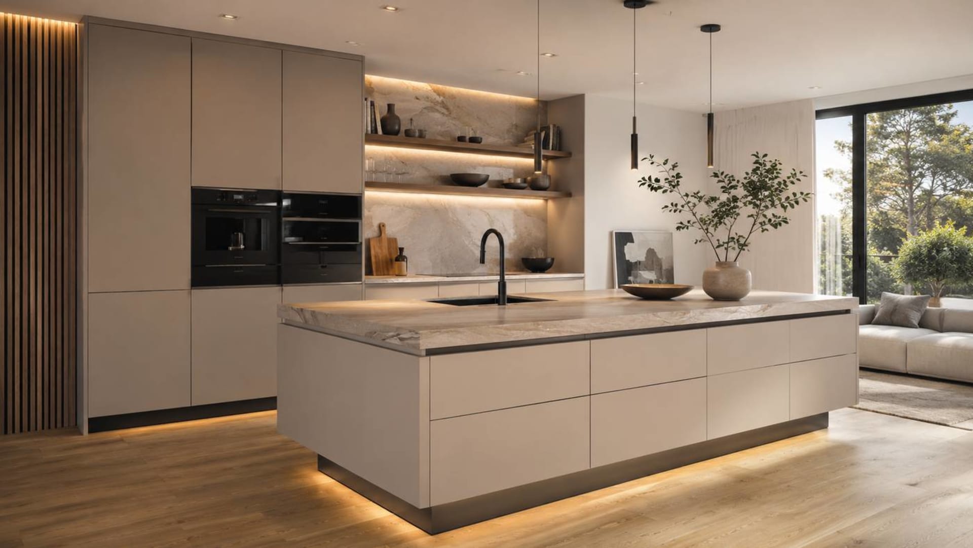 Exclusieve keuken met warm marmeren kookeiland en houten lattenwand