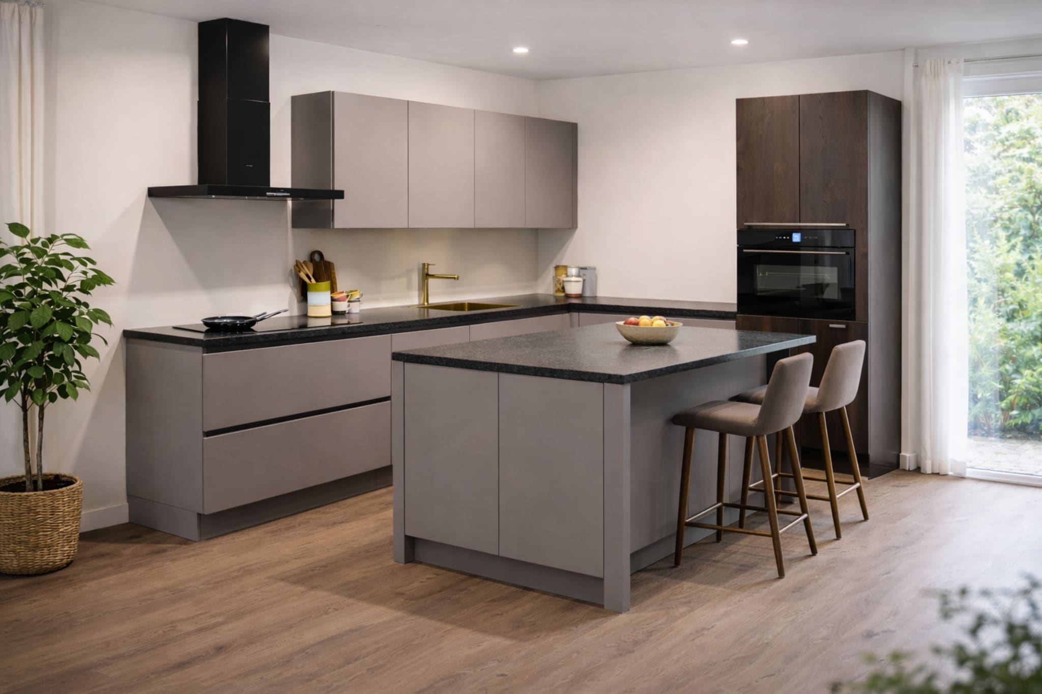 Moderne Kitchen4All L-keuken met kookeiland, greeploze grijze matte fronten en een donker composiet werkblad.