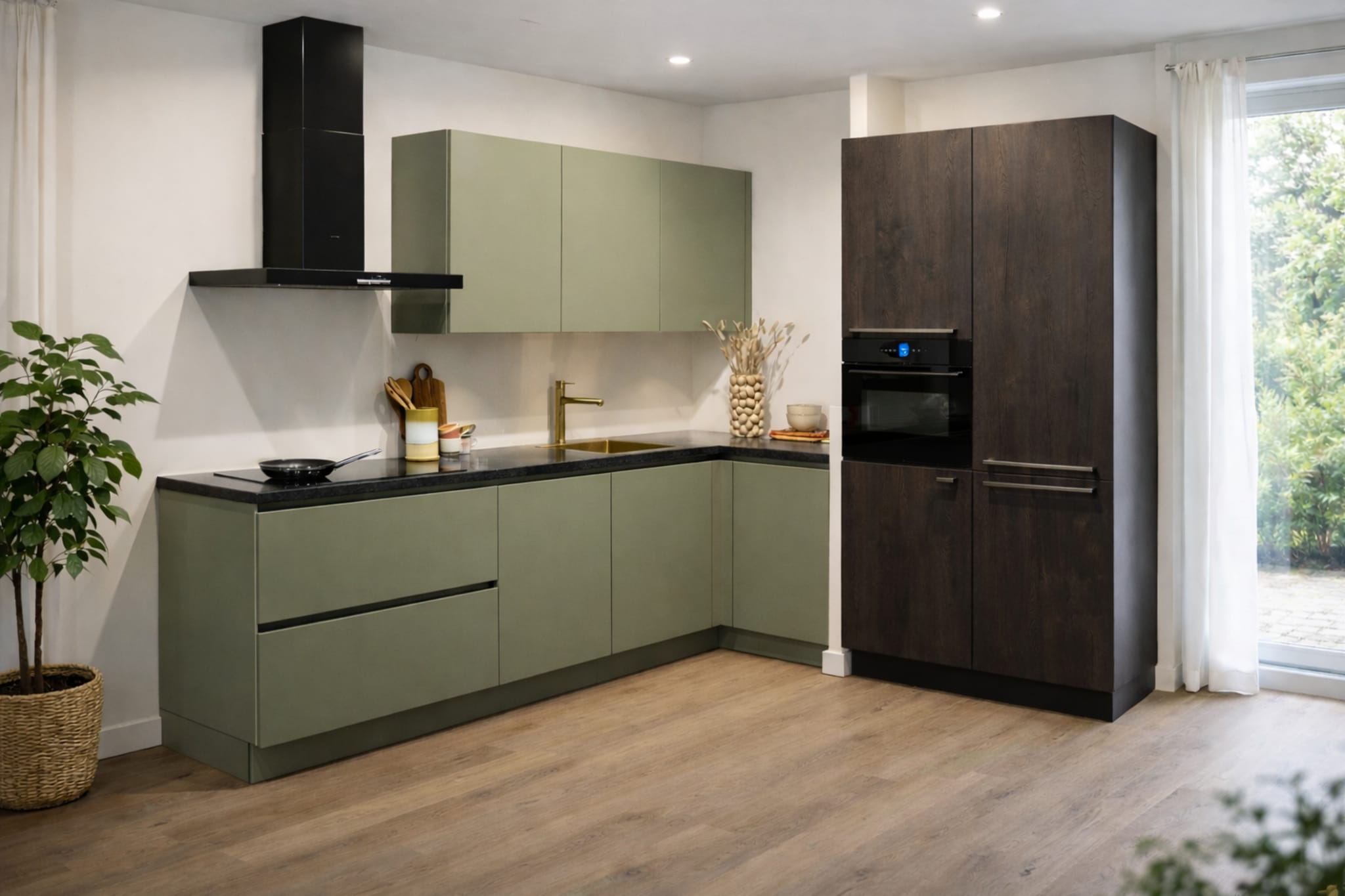 Moderne Kitchen4All L-keuken met matgroene greeploze fronten, een donker werkblad en een hoge kast in houtlook.