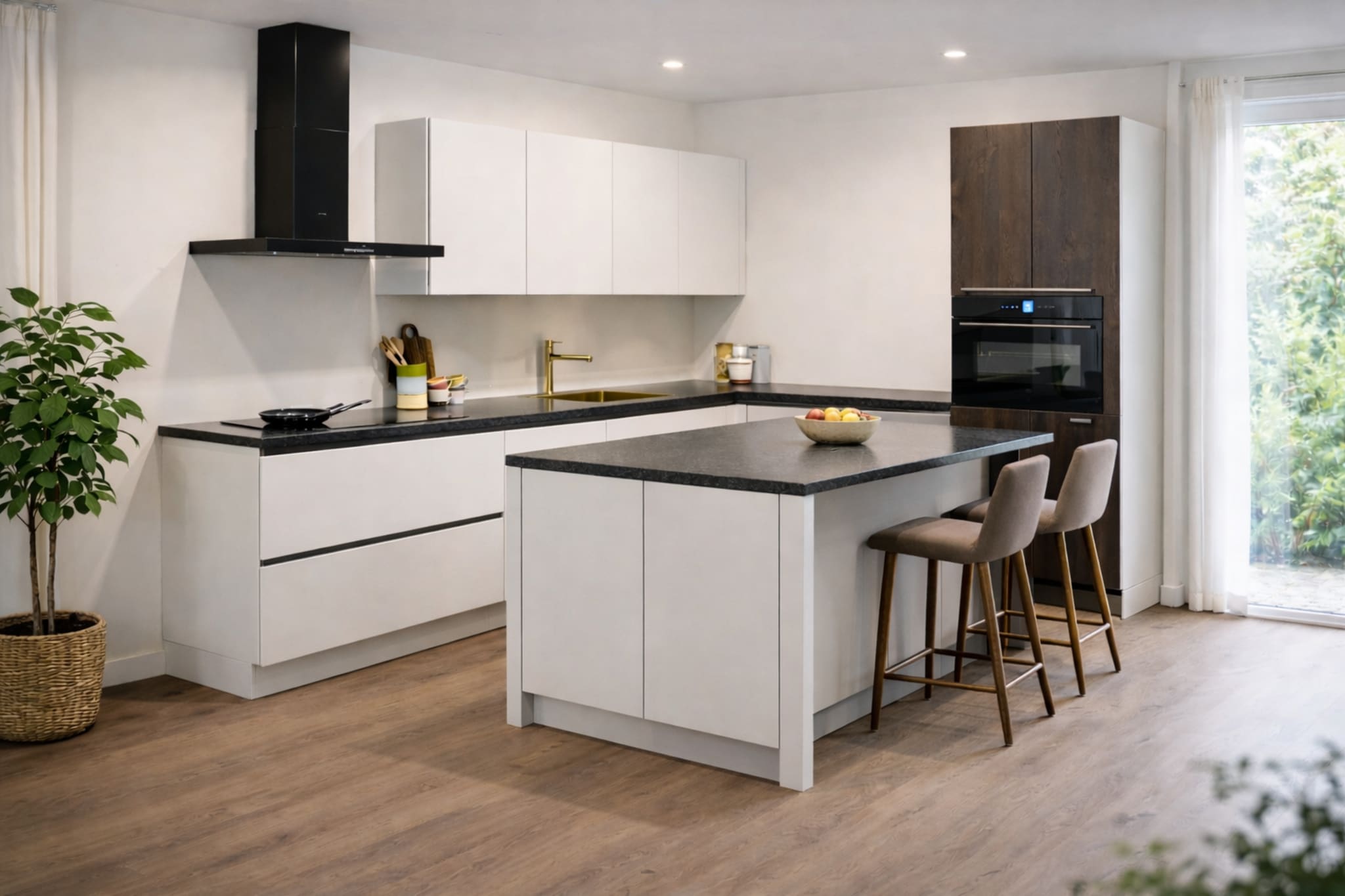 Witte keuken met een eiland en een zwart werkblad
