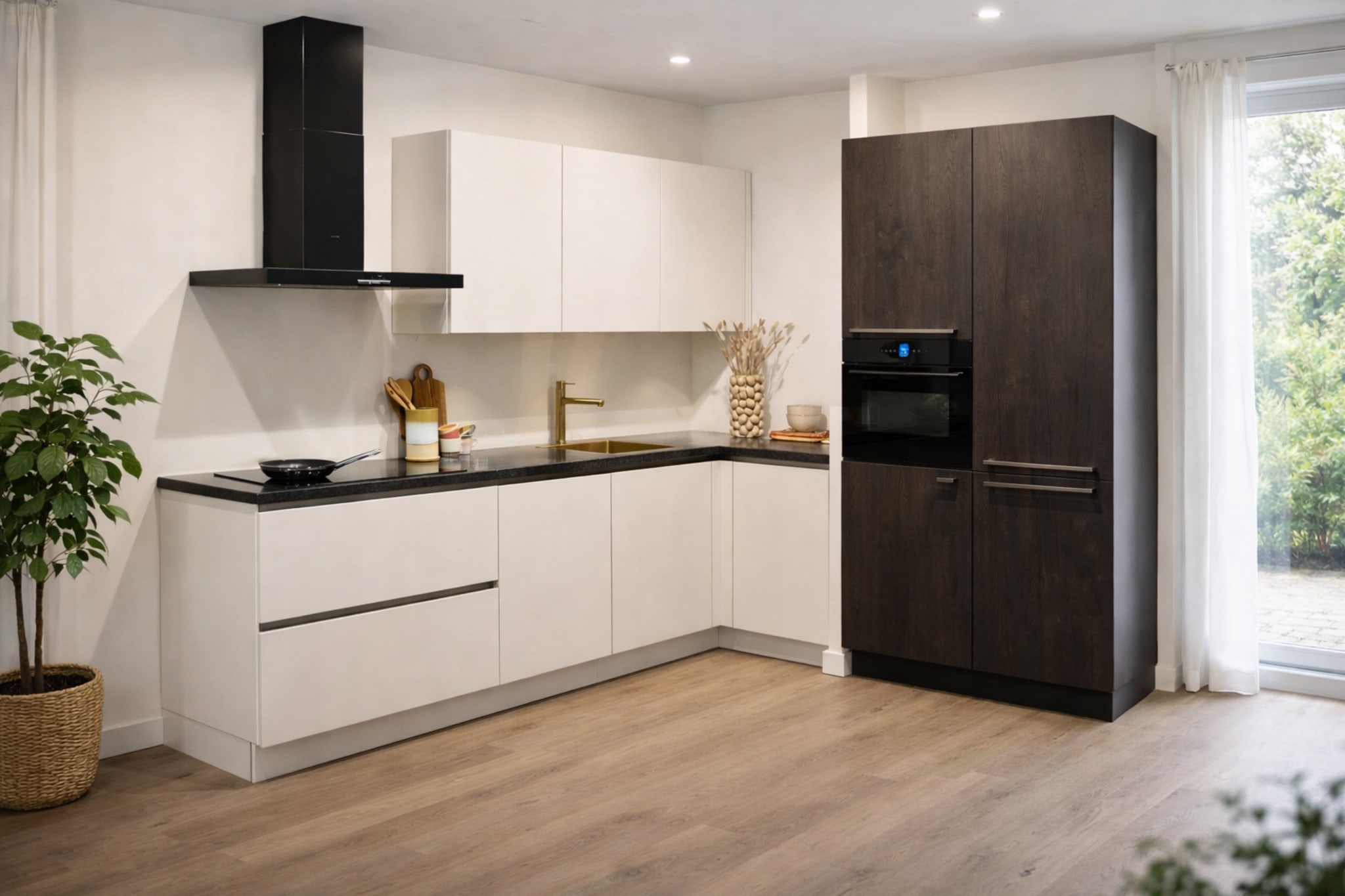 Moderne Kitchen4All L-keuken met witte matte greeploze fronten, zwart composiet werkblad en donker houten kasten.