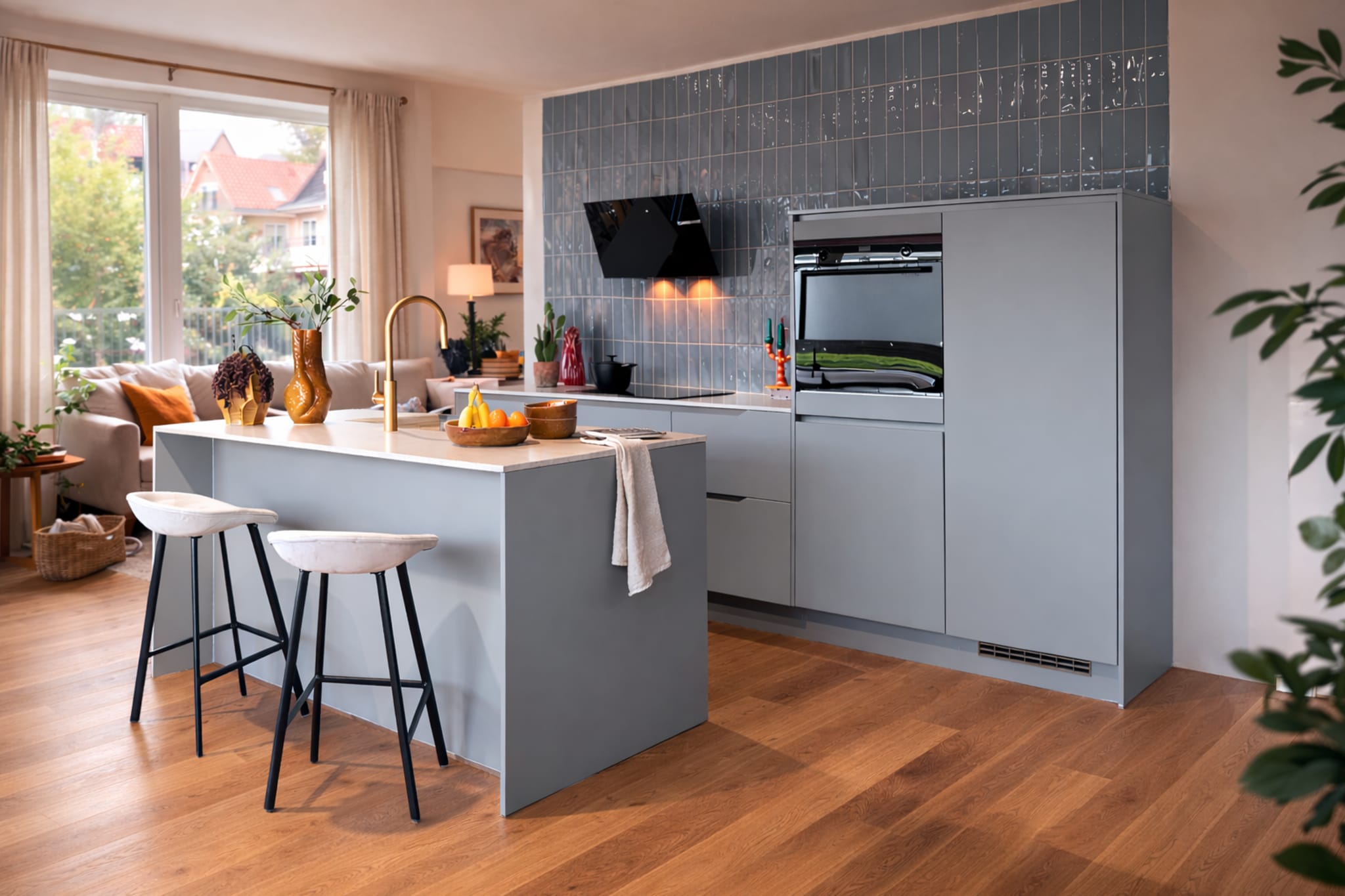 Moderne Kitchen4All Boutique fris eilandkeuken met greeploze matte grijze fronten en een grijs composiet werkblad.