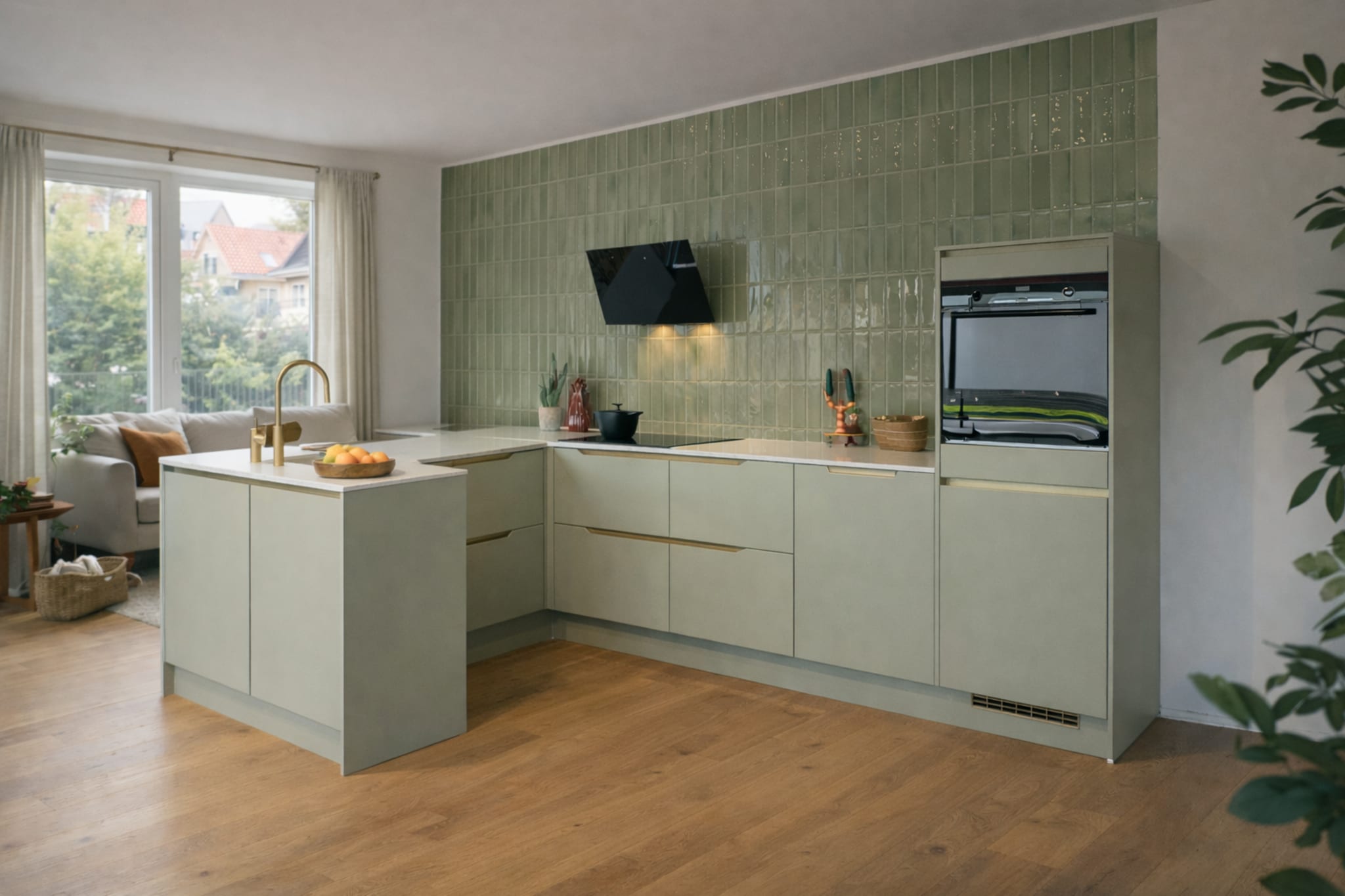Een groene hoekkeuken met eiland, lichte werkbladen, goudkleurige kraan en een achterwand van glanzende tegels.