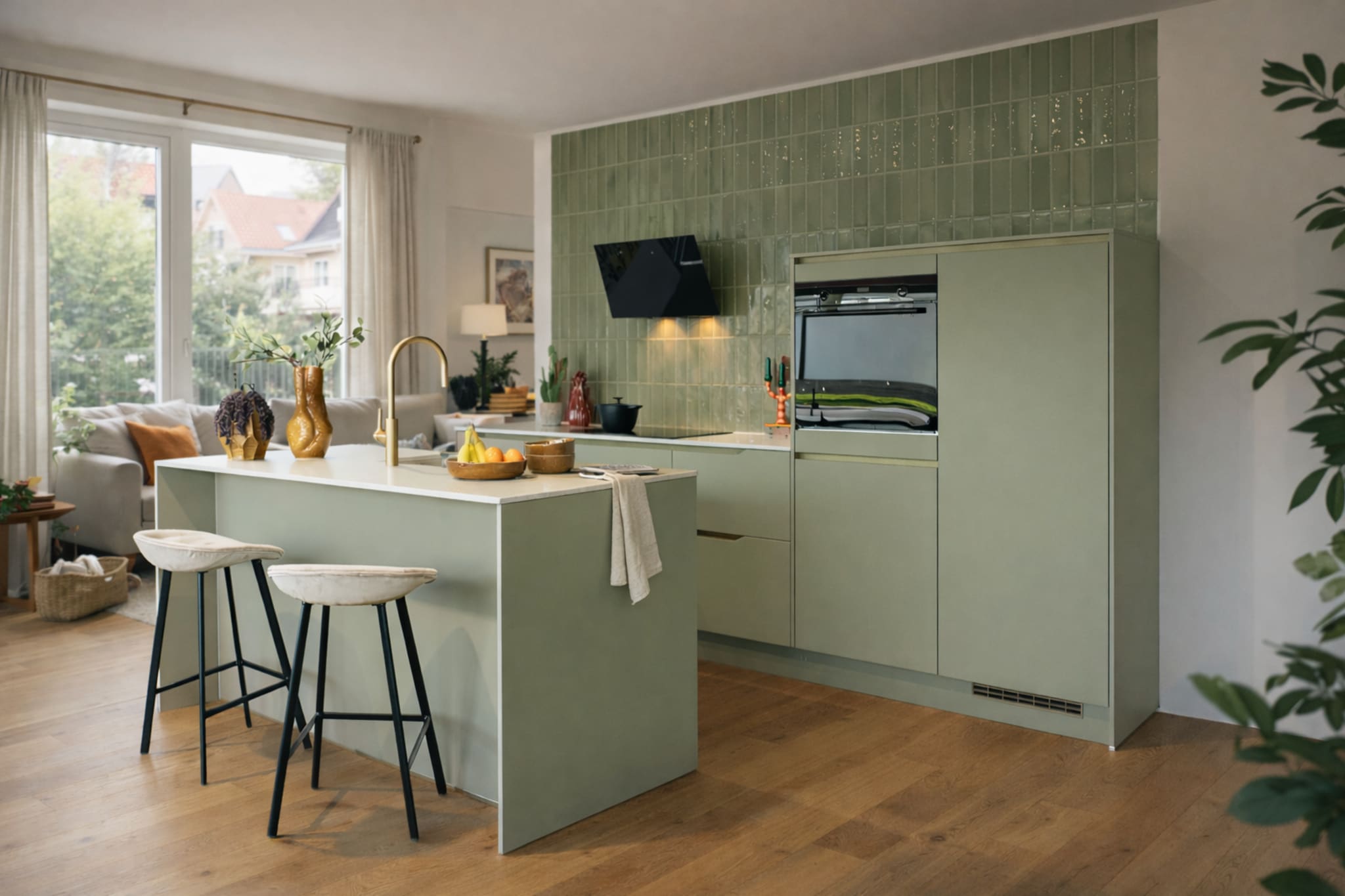 Groene keuken met kookeiland, hoge kastenwand en bijpassende wandtegels in een lichte woonkamer.