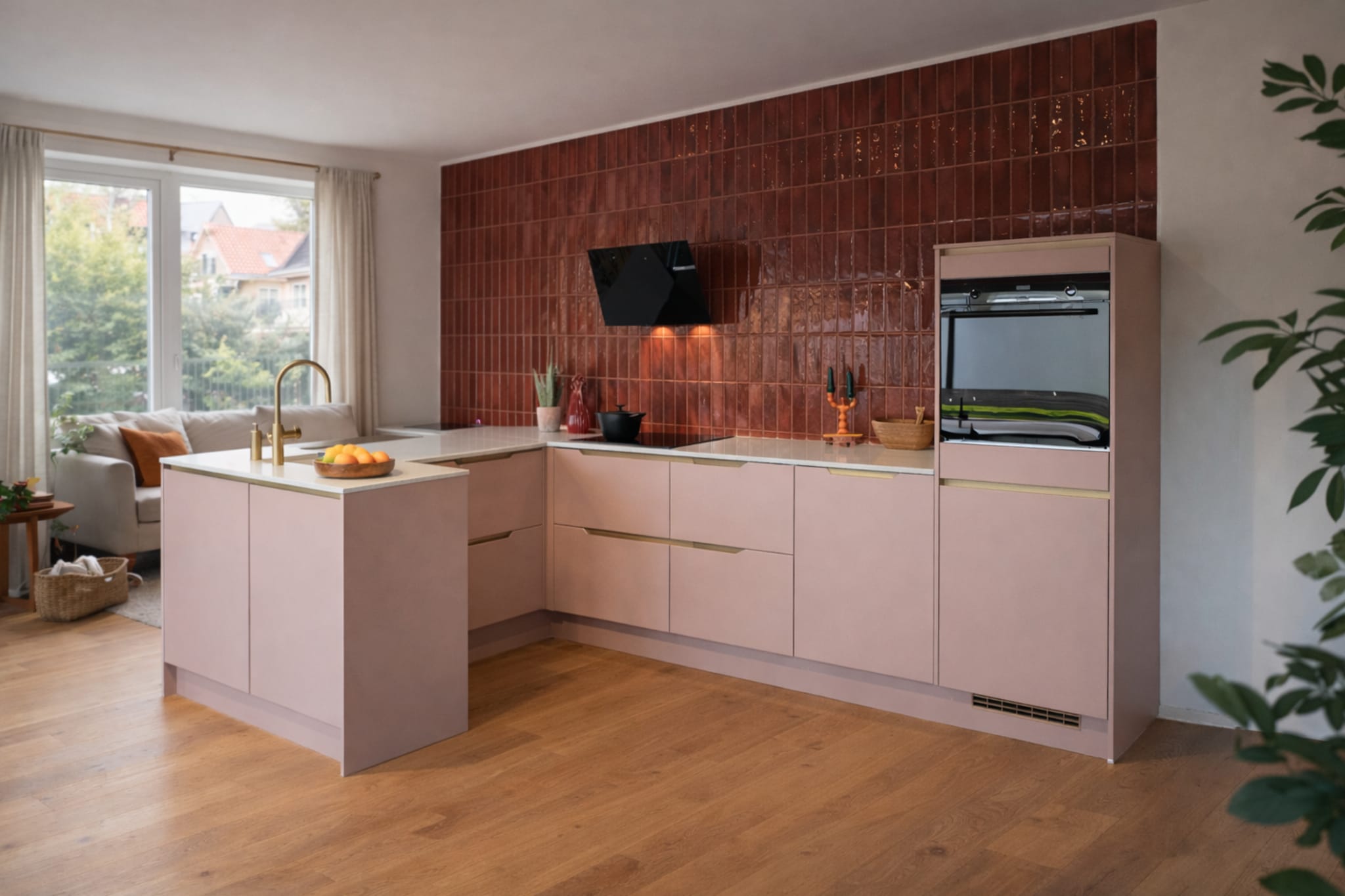 Moderne Kitchen4All Boutique fris L-keuken met kookeiland, matte roze fronten en composiet werkblad.