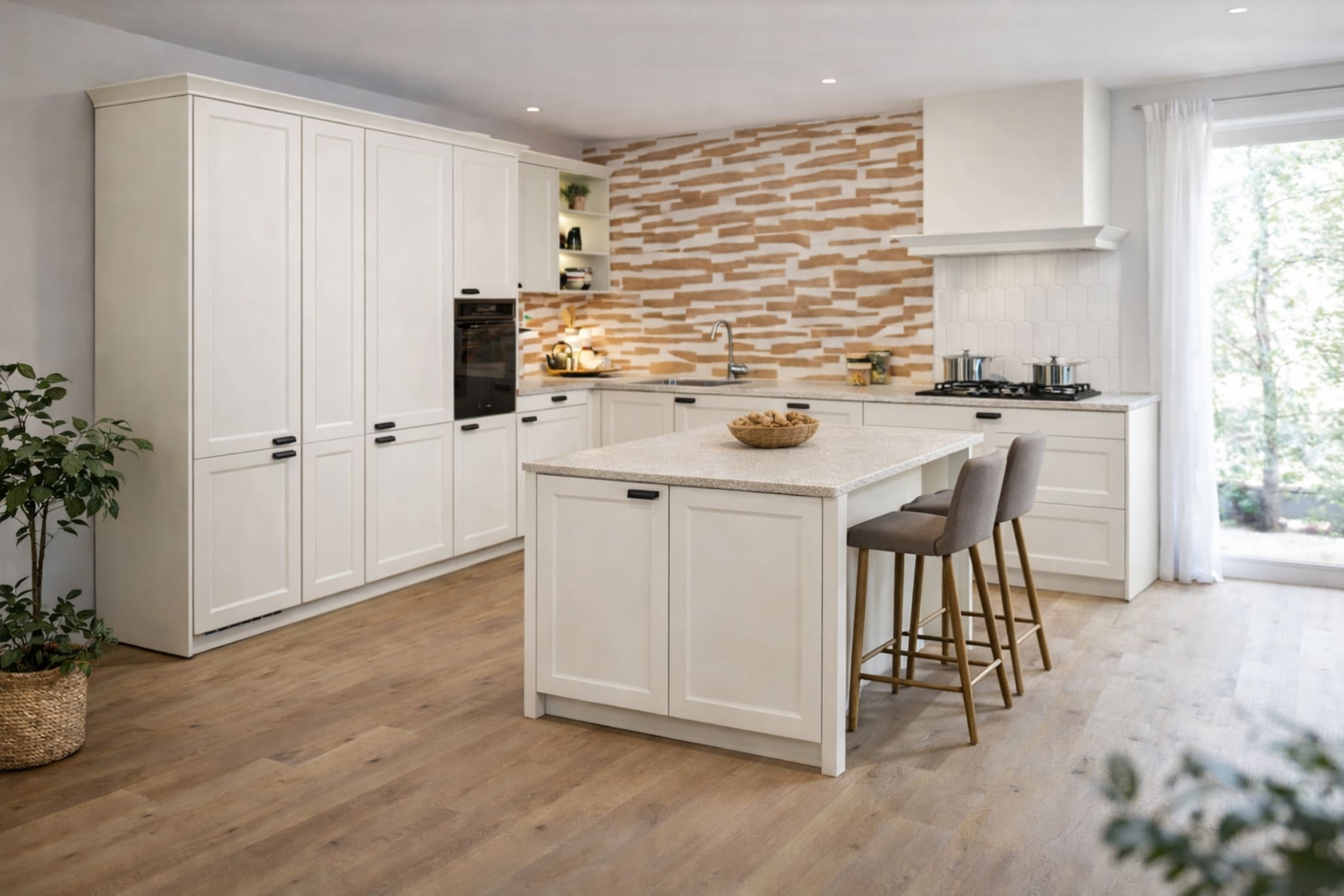 Landelijke Kitchen4All keuken met wit kaderfront, composiet marmer look werkblad en kookeiland.