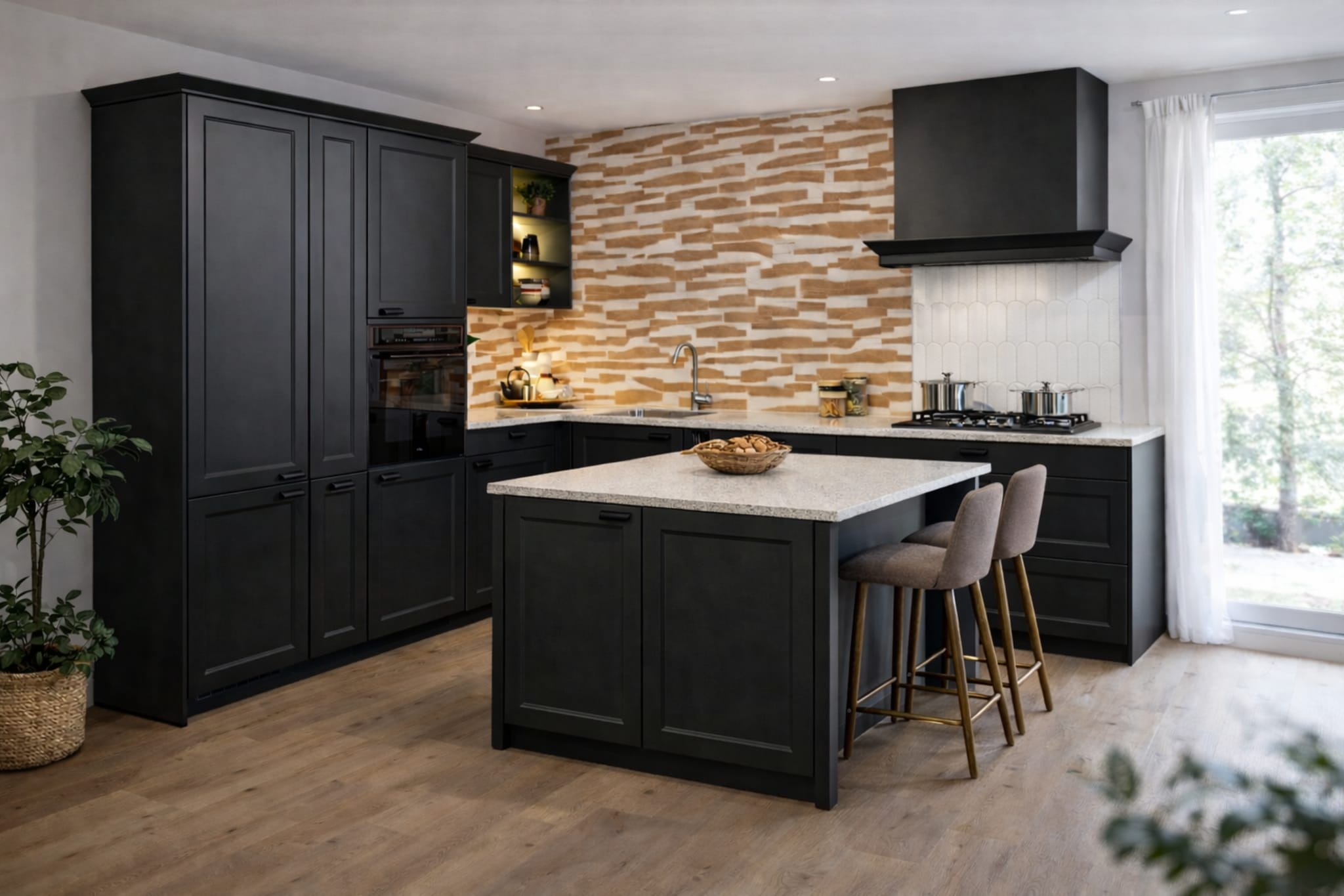 Landelijke zwarte L-keuken met kookeiland, mat kaderfronten en composiet werkblad, van Kitchen4All.