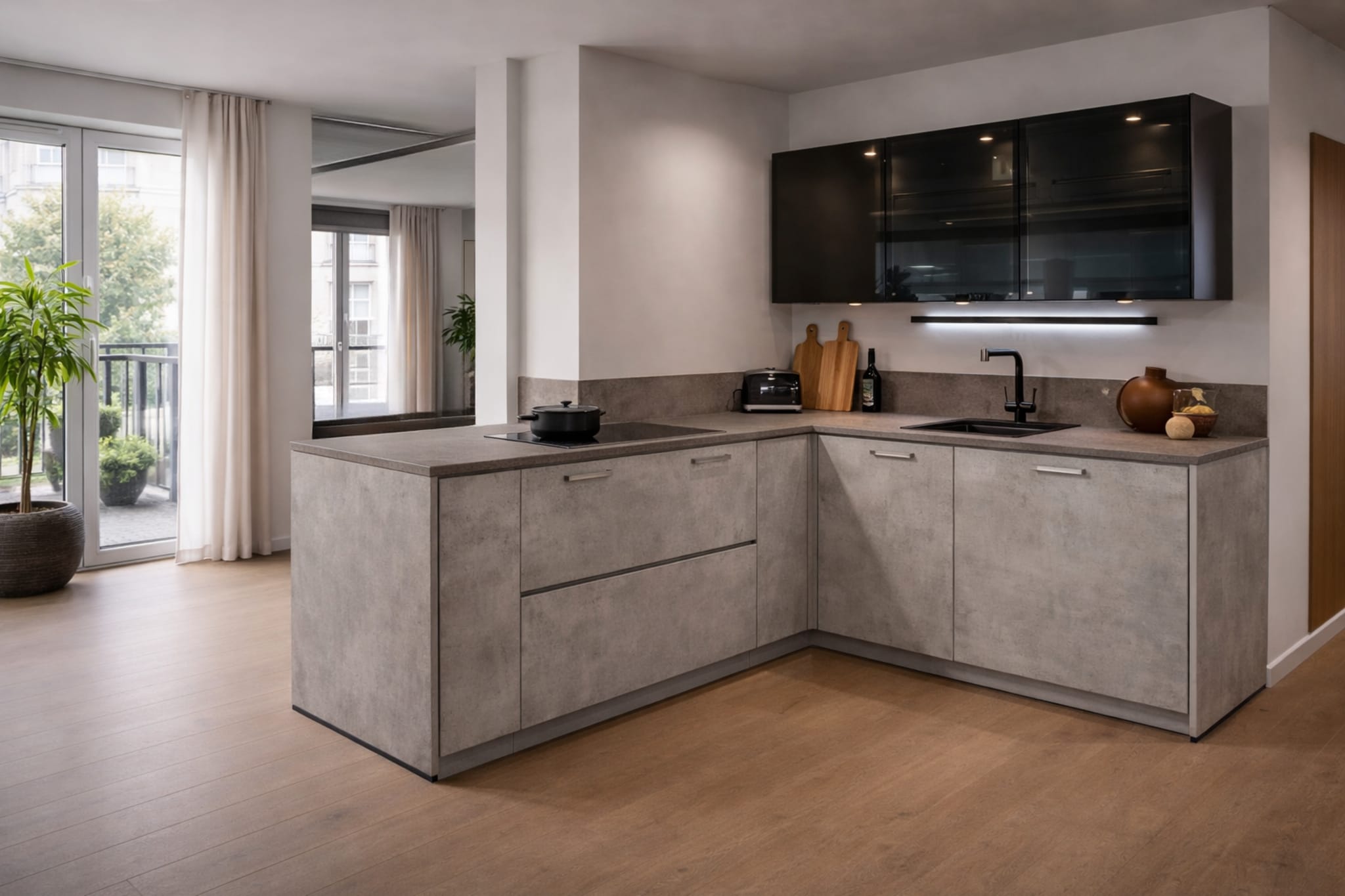 Moderne Kitchen4All L-keuken met kookeiland, matgrijze fronten en een composiet betonlook werkblad.
