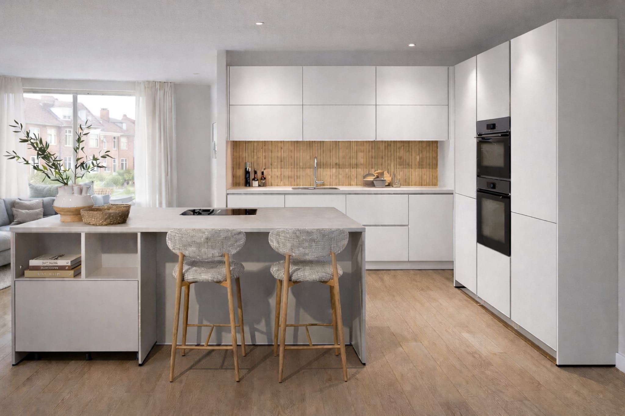 Moderne Nordic warm eilandkeuken met greeploze witte fronten, een composiet werkblad en houten accenten.