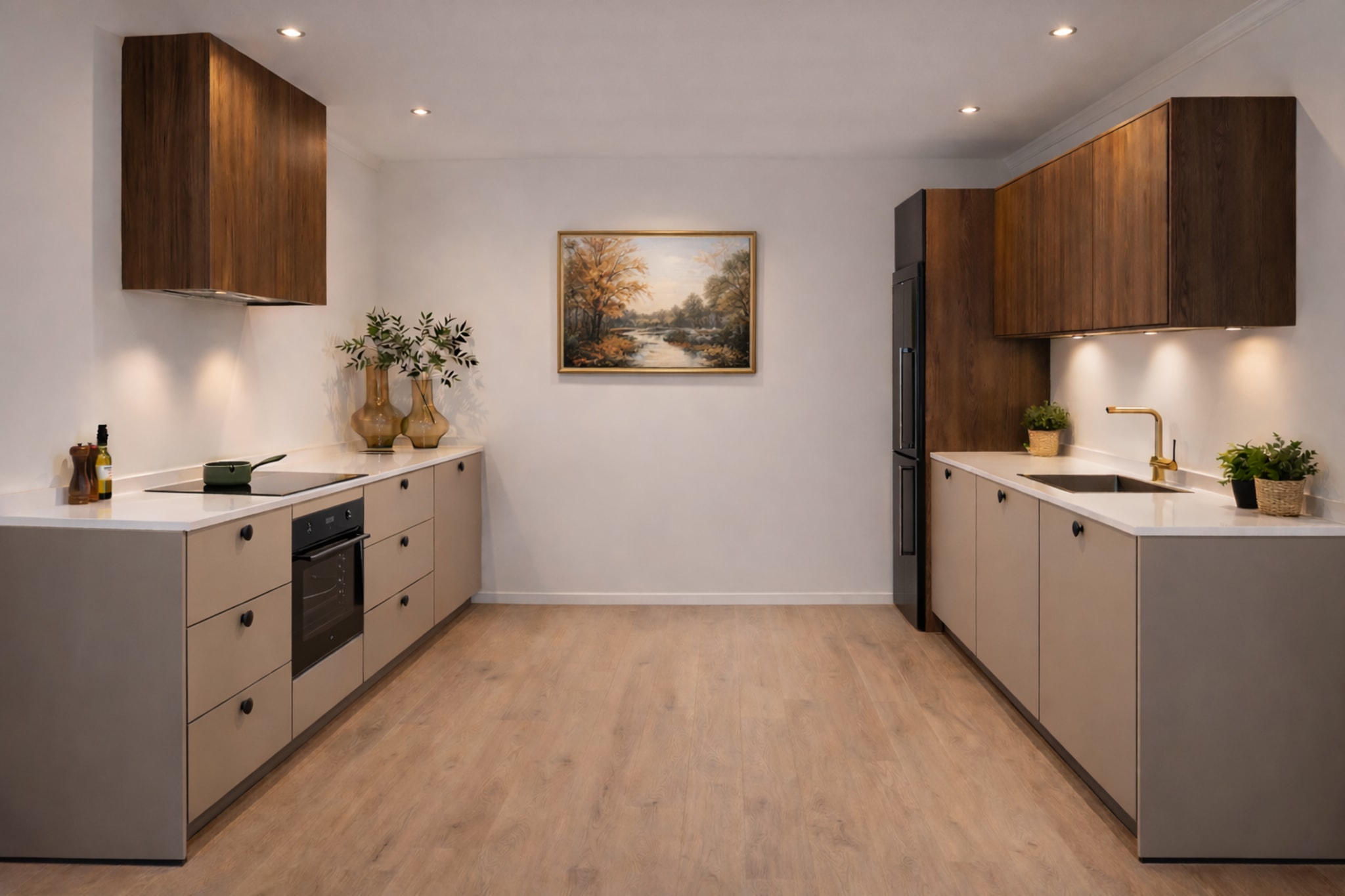Moderne parallelle keuken met beige en taupe fronten, houten bovenkasten en een wit composiet werkblad.