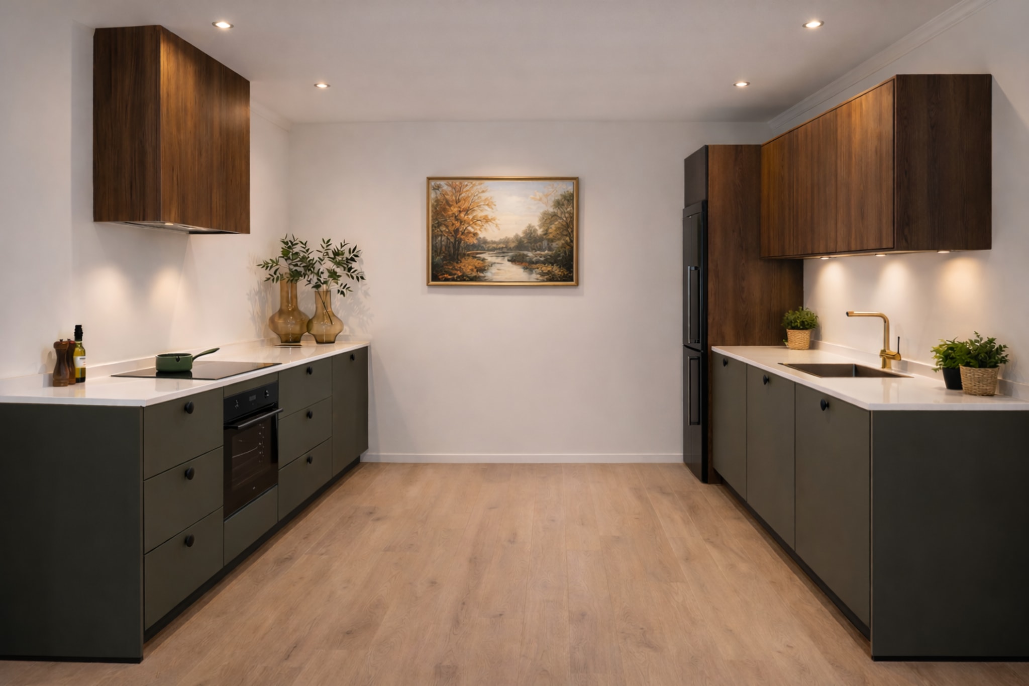 Moderne Kitchen4All parallelle keuken met matte groene en houten fronten, wit composiet werkblad en knoppen.