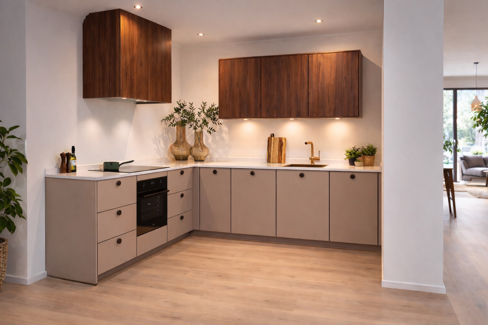 Moderne L-keuken van Kitchen4All met beige fronten, houten bovenkasten en een wit composiet werkblad.