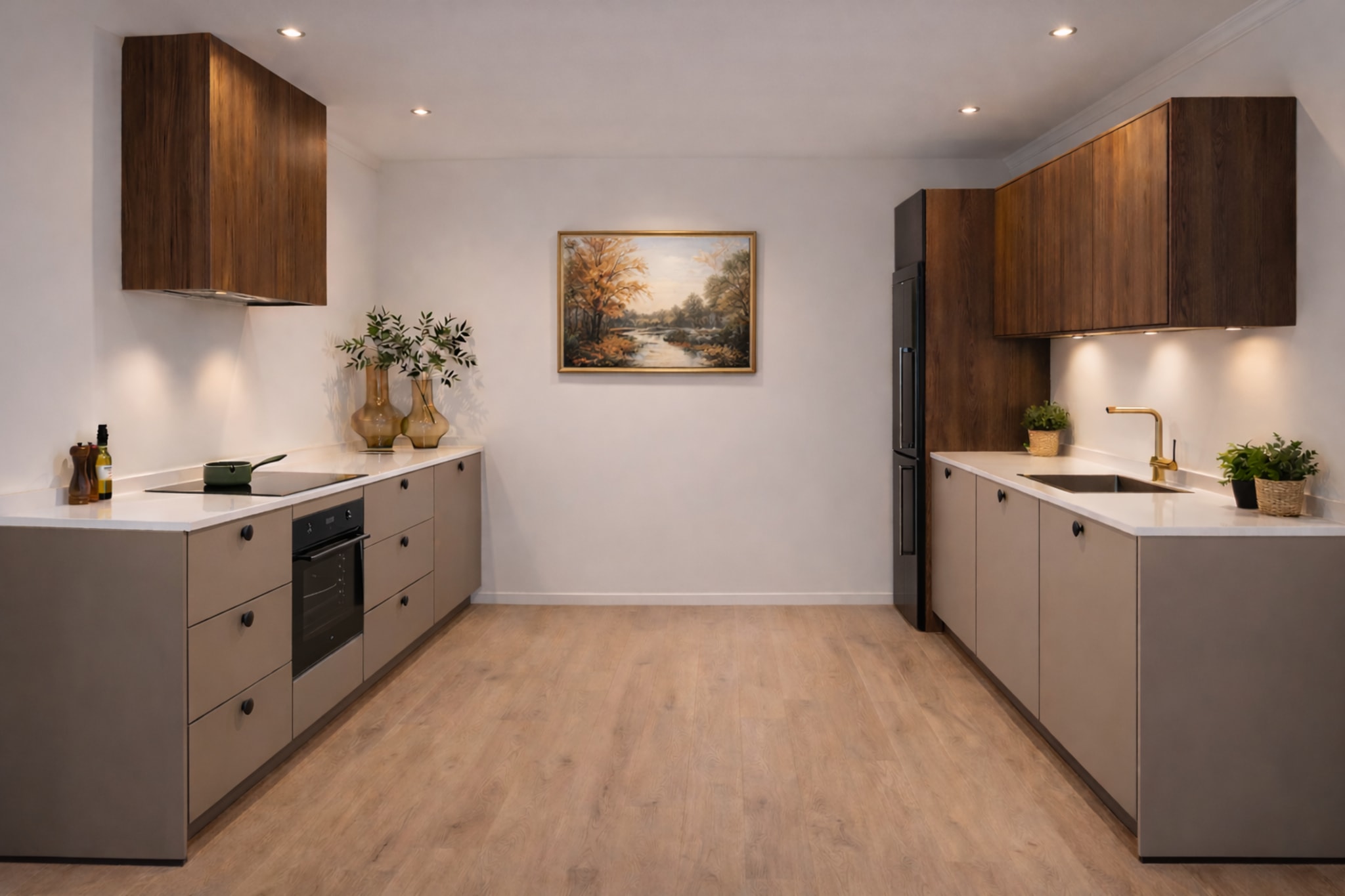 Moderne parallelle keuken van Kitchen4All met matte beige fronten, houtlook bovenkasten en wit composiet werkblad.