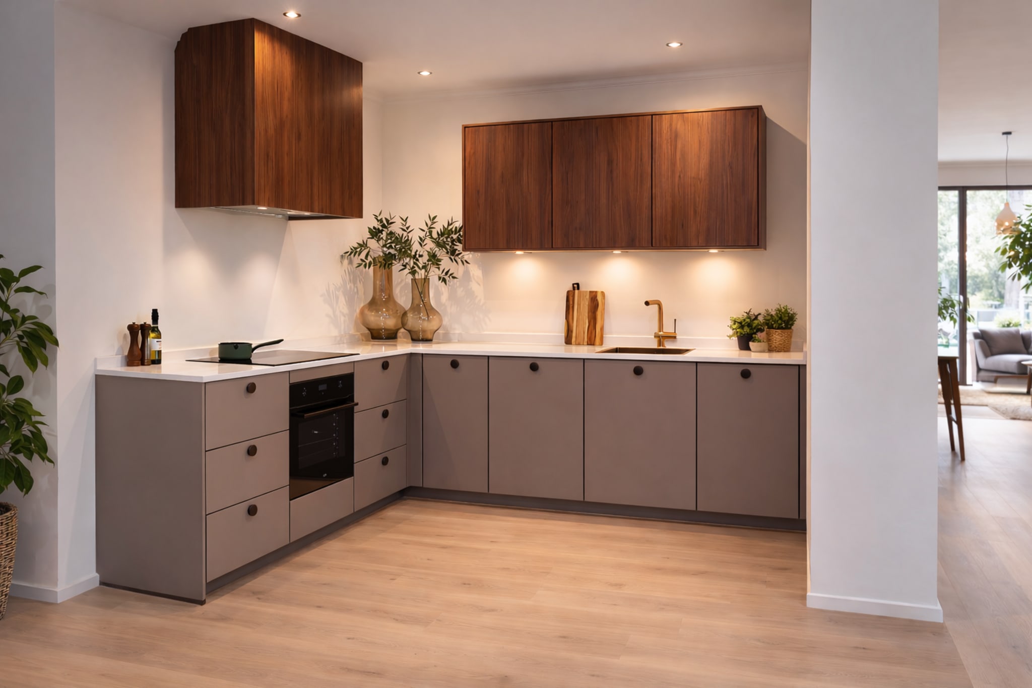 Moderne L-keuken met matte beige fronten, houtlook bovenkasten en een wit composiet werkblad.