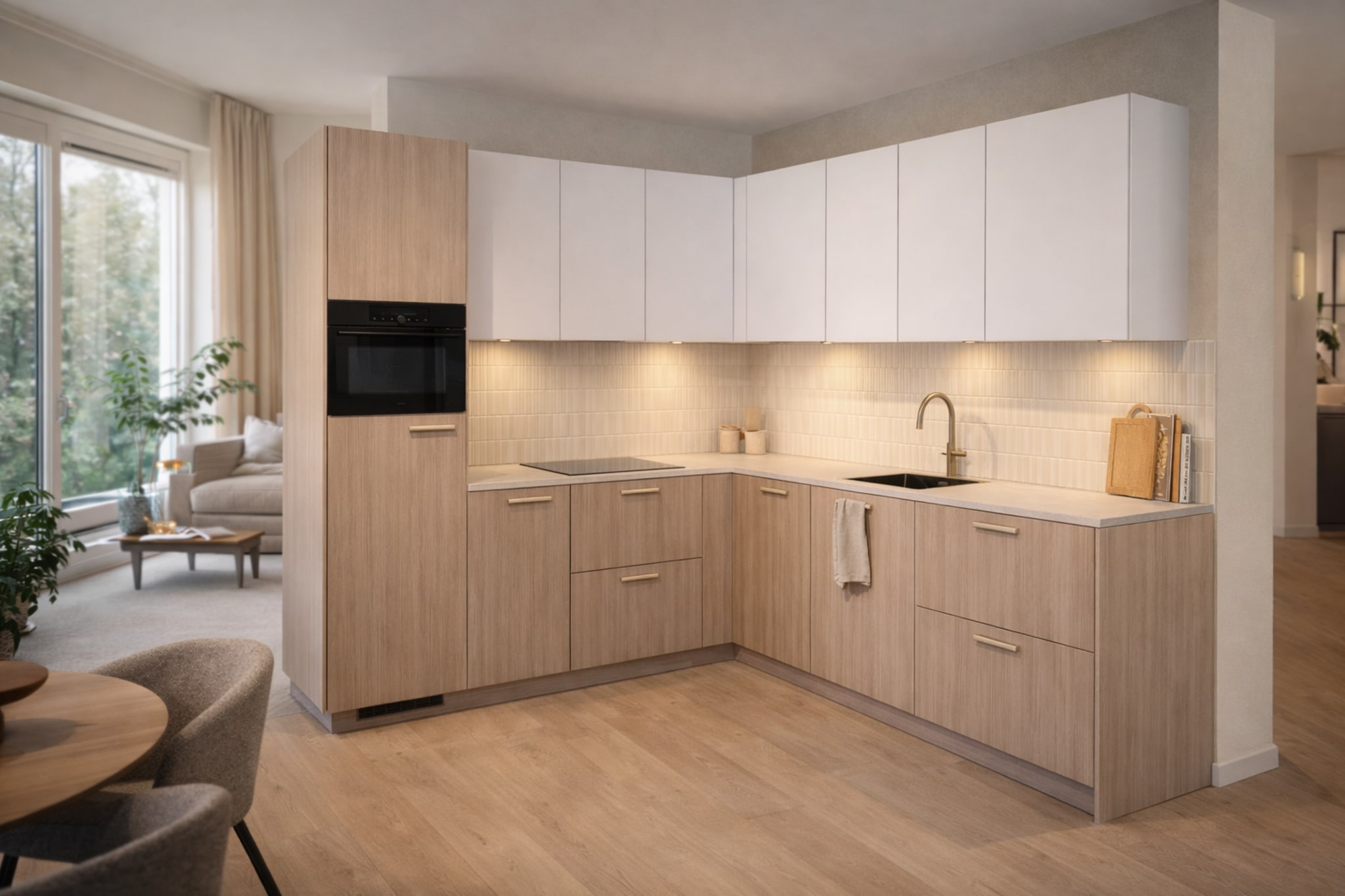 Moderne Kitchen4All Japandi soft L-keuken met houtlook en witte fronten, wit kunststof werkblad en handgrepen.