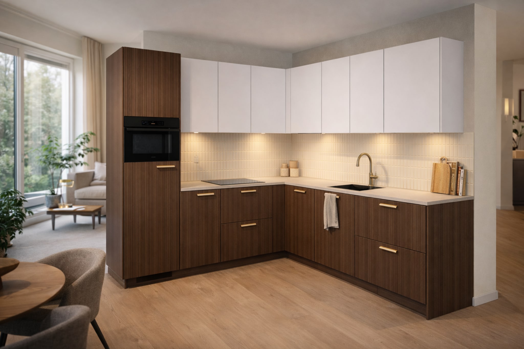 Moderne Japandi soft L-keuken van Kitchen4All met houtlook onderkasten, witte bovenkasten en een licht composiet werkblad.