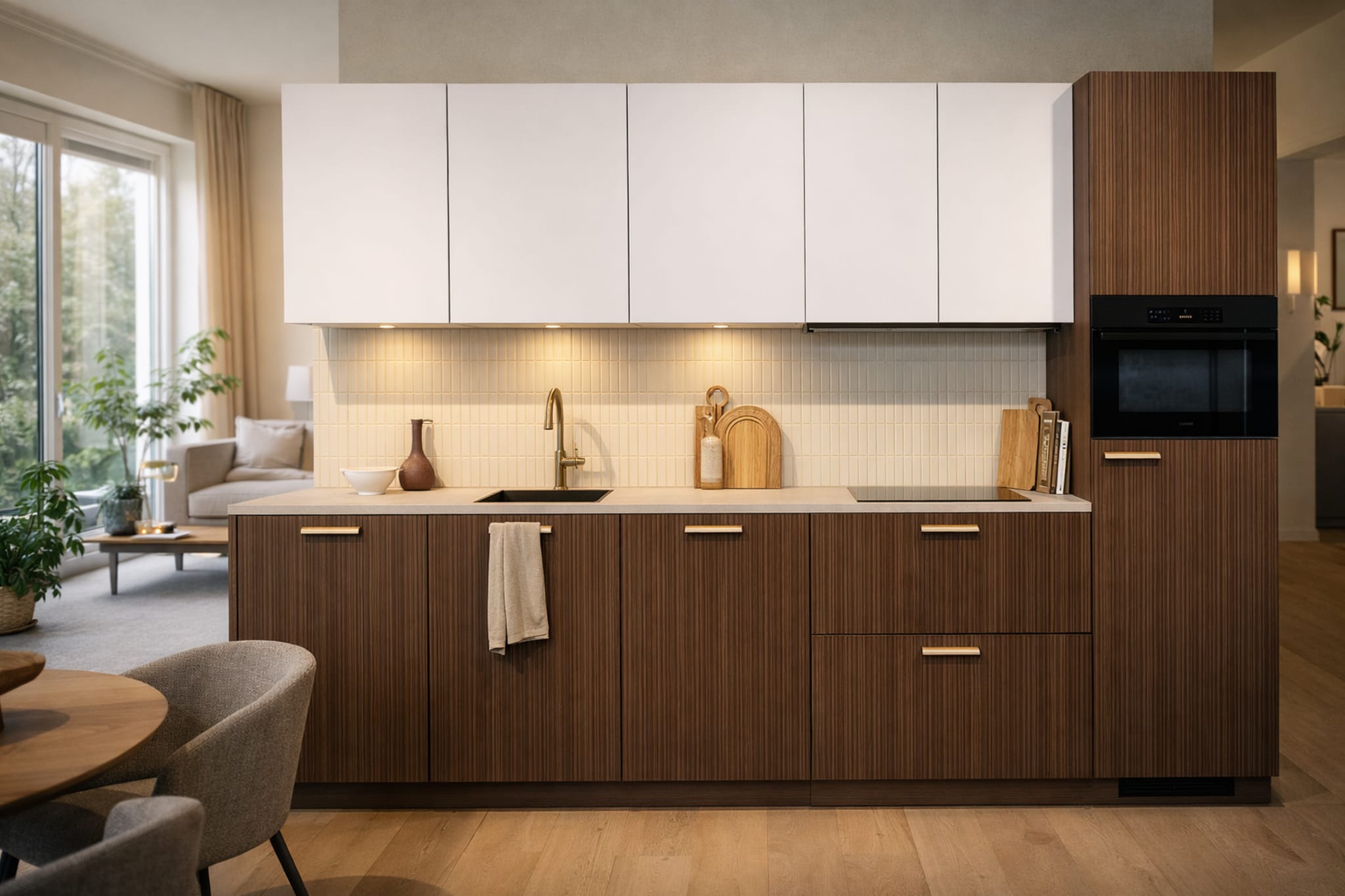 Moderne Japandi soft keuken van Kitchen4All met houtlook fronten, wit composiet werkblad en handgrepen.
