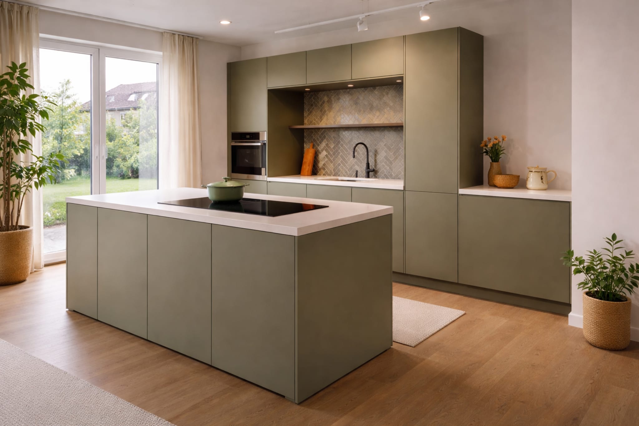 Moderne Kitchen4All eilandkeuken met matte groentinten fronten en wit composiet werkblad.