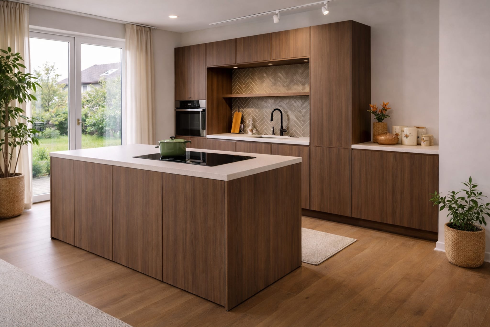 Moderne Kitchen4All eilandkeuken Puur design met greeploze bruine houtlook fronten en een wit composiet werkblad.