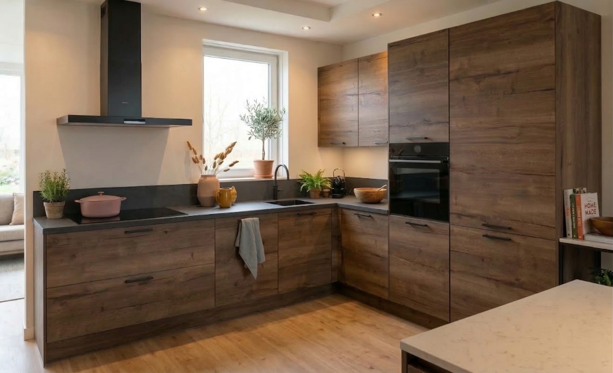Landelijke L-keuken van Kitchen4All met rustiek stoere houtlook fronten en een donker composiet werkblad.