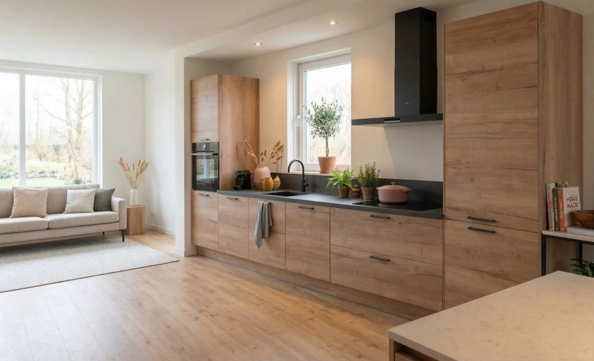 Moderne Kitchen4All keuken met houtlook fronten, donker werkblad en handgrepen in een open indeling.