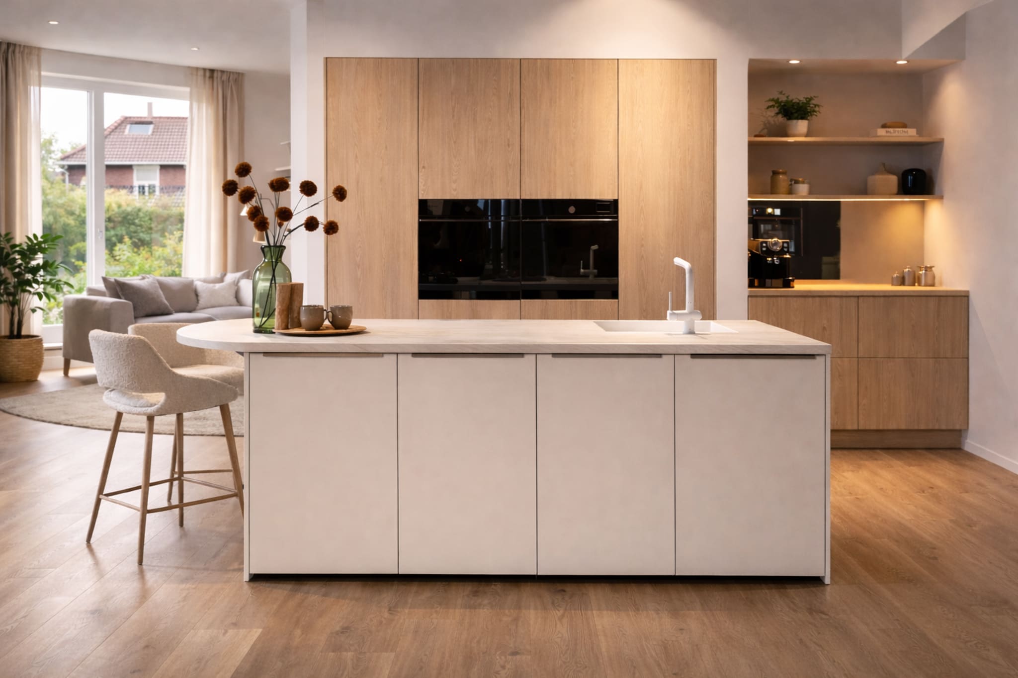 Scandi modern eilandkeuken van Kitchen4All met witte en houtlook fronten, composiet werkblad en greeplijsten.