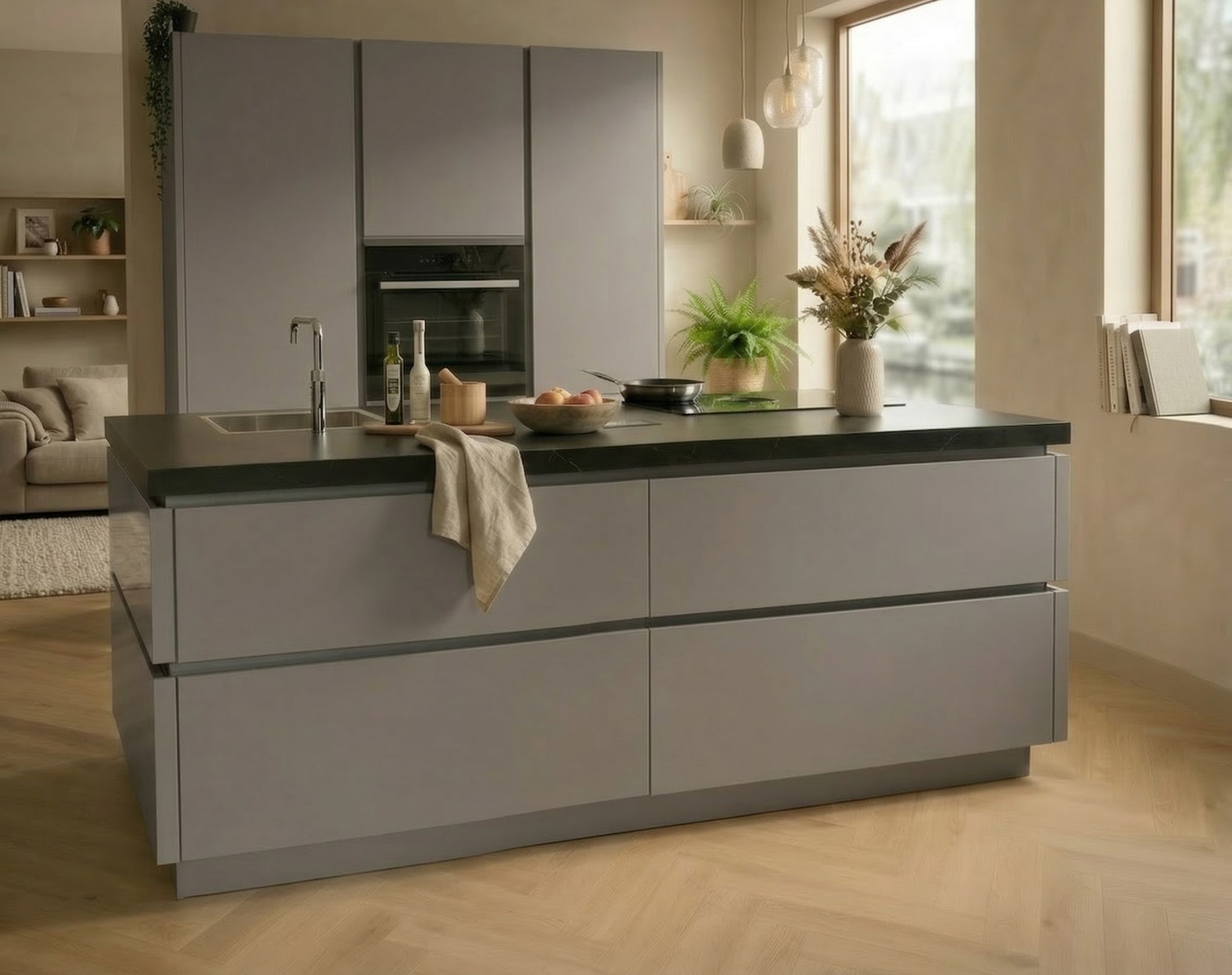 Moderne Kitchen4All eilandkeuken Tijdloos fris met matte grijze fronten, greeplijsten en een donker composiet werkblad.
