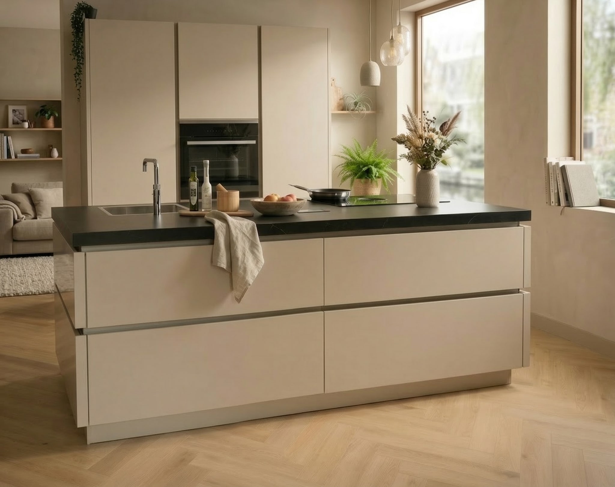 Modern Kitchen4All kookeiland met mat beige fronten en een donker keramisch werkblad.