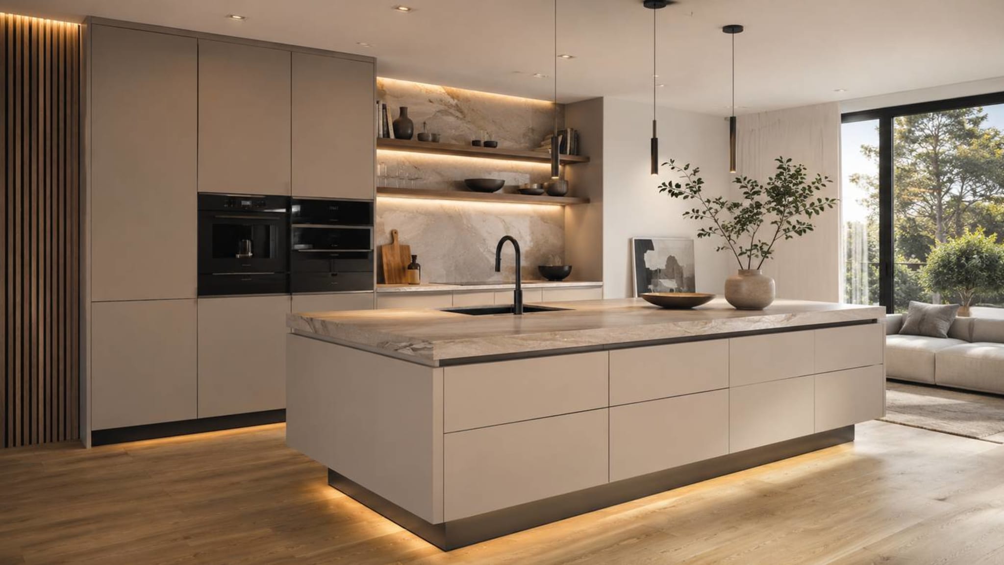 Exclusieve keuken met warm marmeren kookeiland en houten lattenwand