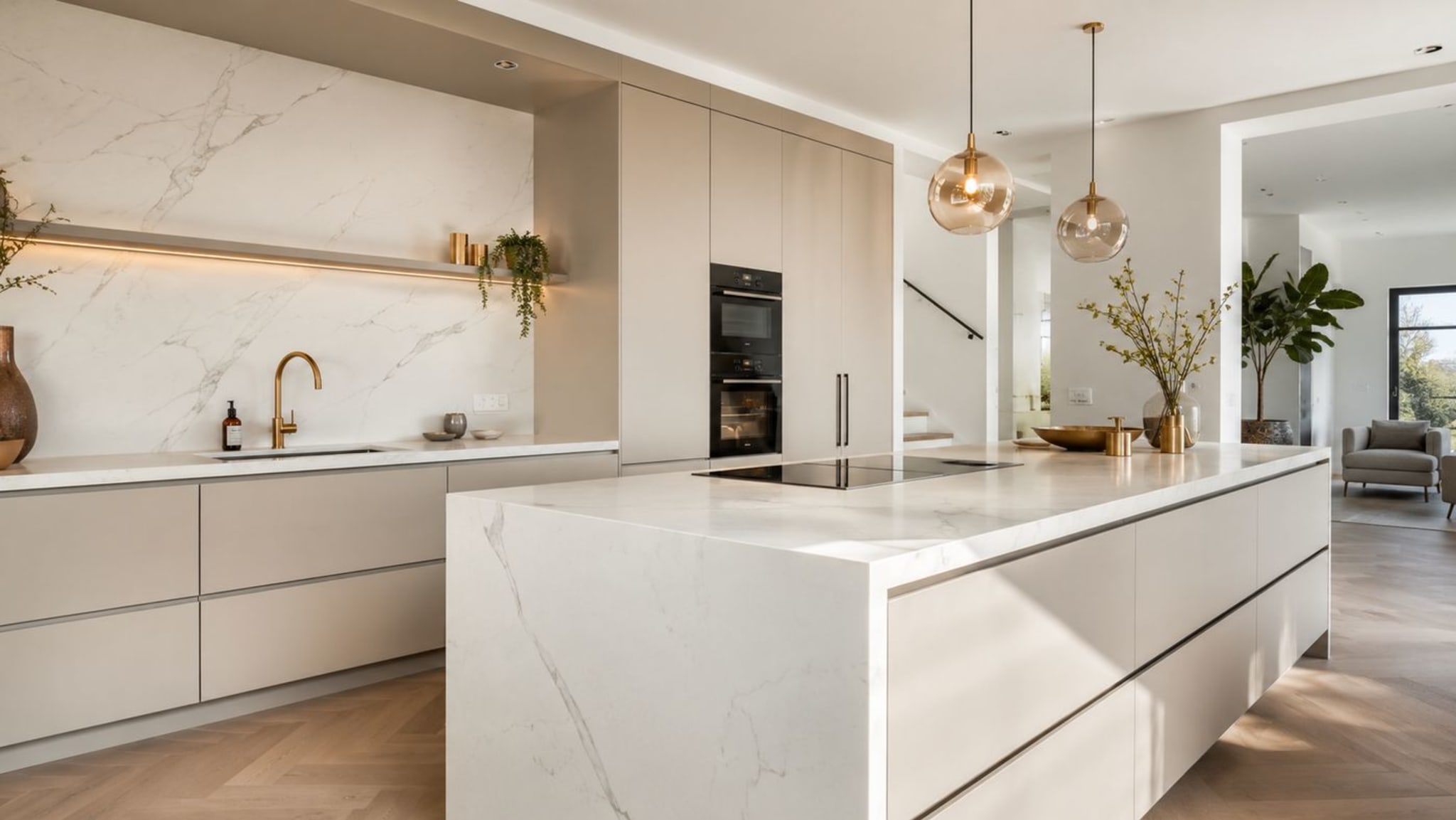 Exclusieve lichte keuken met marmeren werkblad en gouden kraan