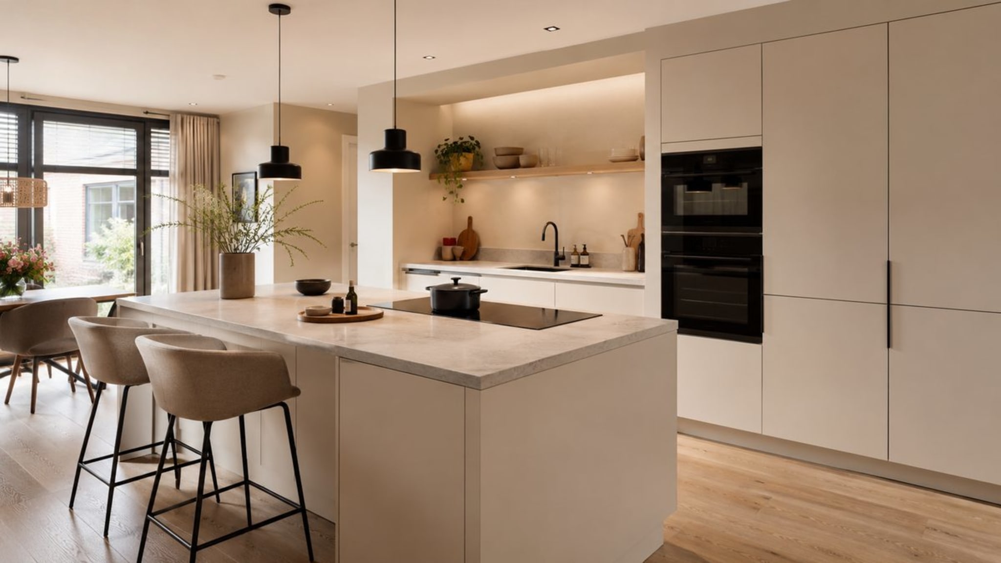 Magnolia keuken met kookeiland en marmerlook werkblad uit het Kitchen4All assortiment