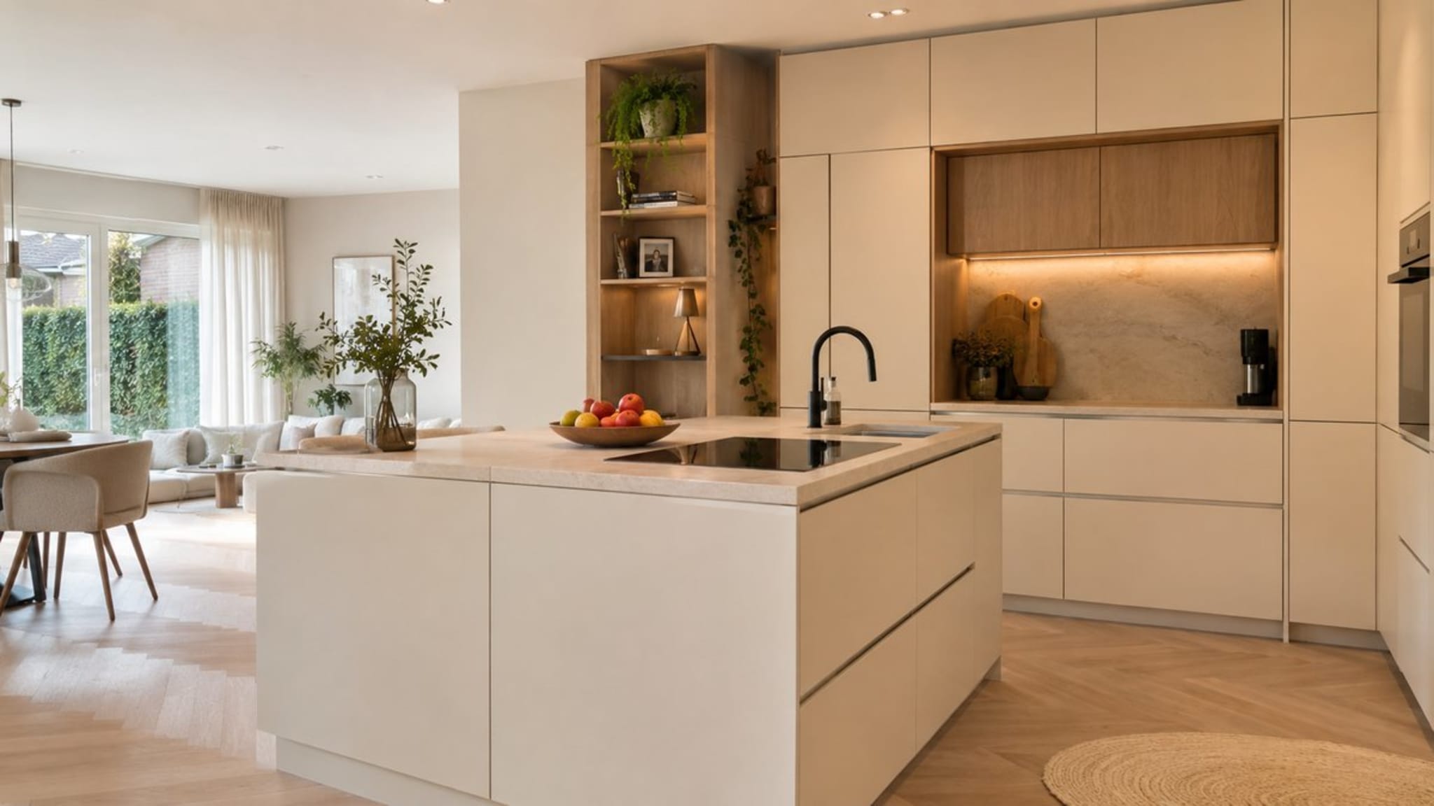 Moderne magnolia keuken met houtaccenten en een marmeren achterwand