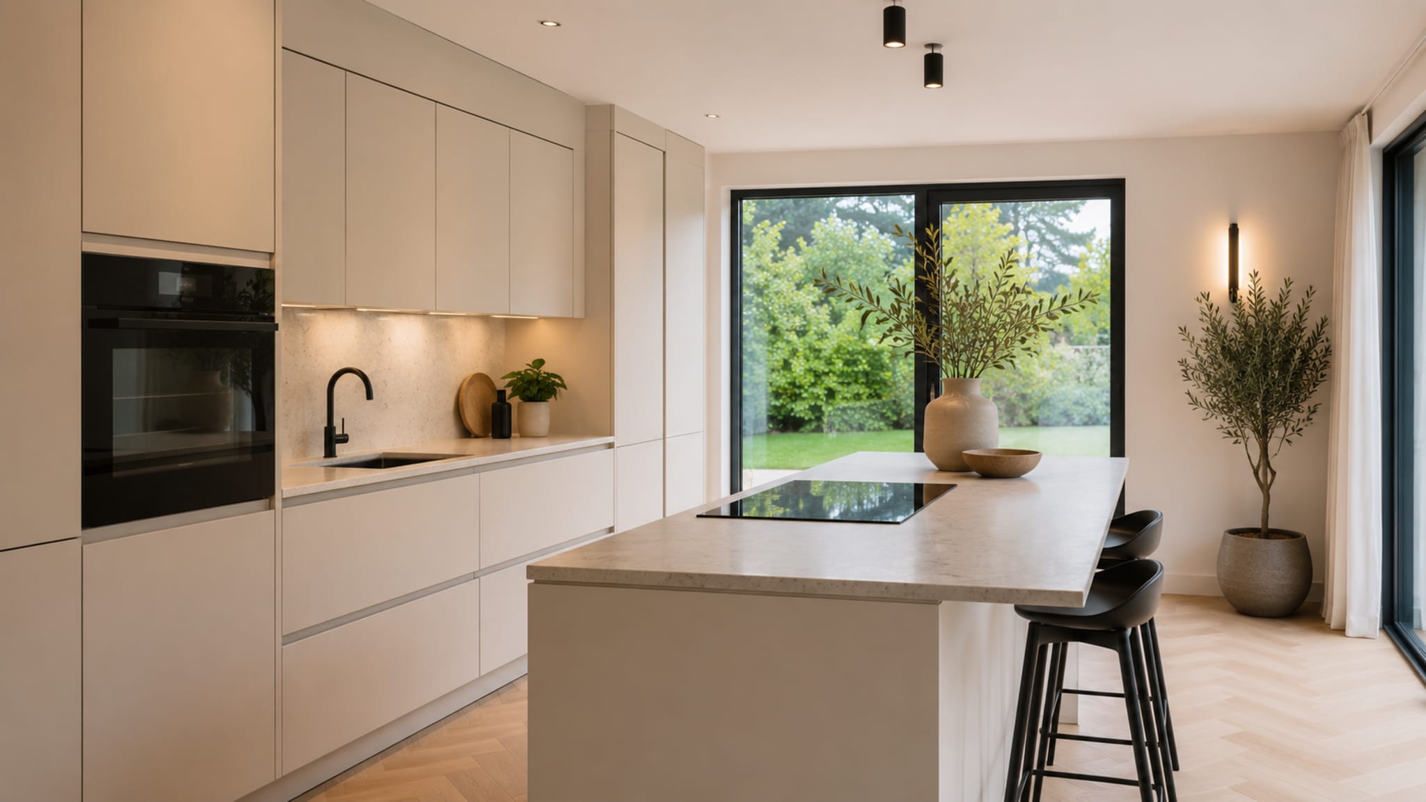 Moderne greeploze magnolia keuken met kookeiland en zicht op de tuin
