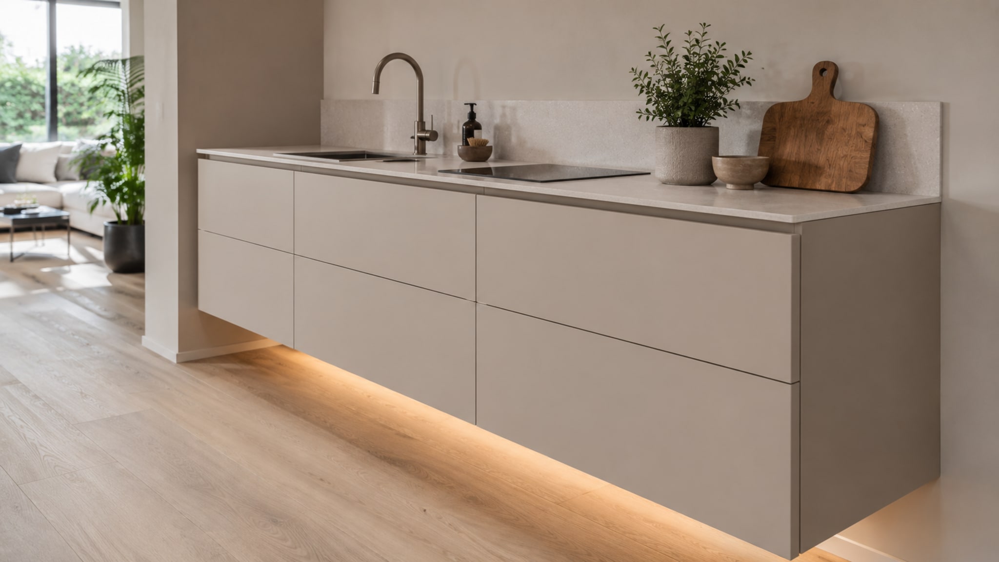 Close-up van een zwevende keuken met ledverlichting onder de kasten