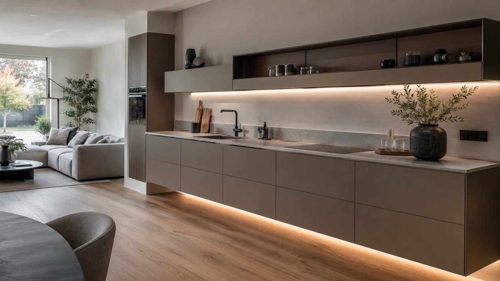Taupe zwevende keuken met ledverlichting als blikvanger uit het Kitchen4All assortiment