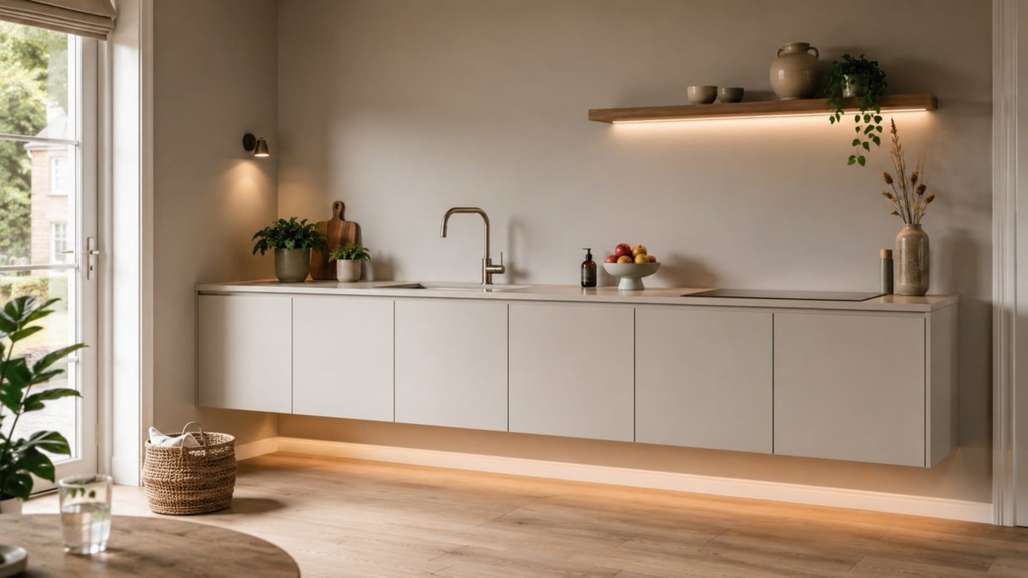 Lichte zwevende keuken met ledverlichting onder de kasten