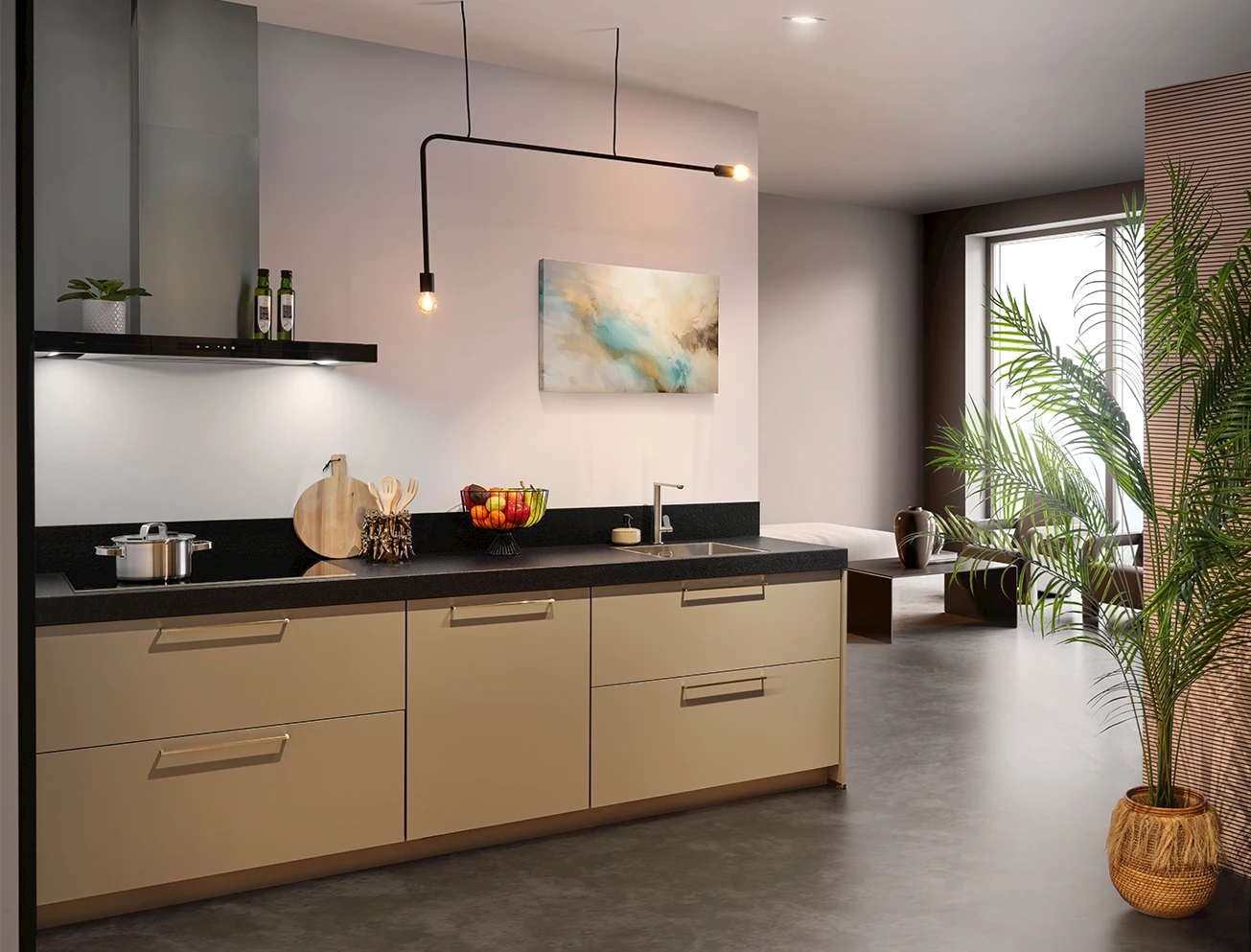 Rechte taupe keuken zonder bovenkastjes