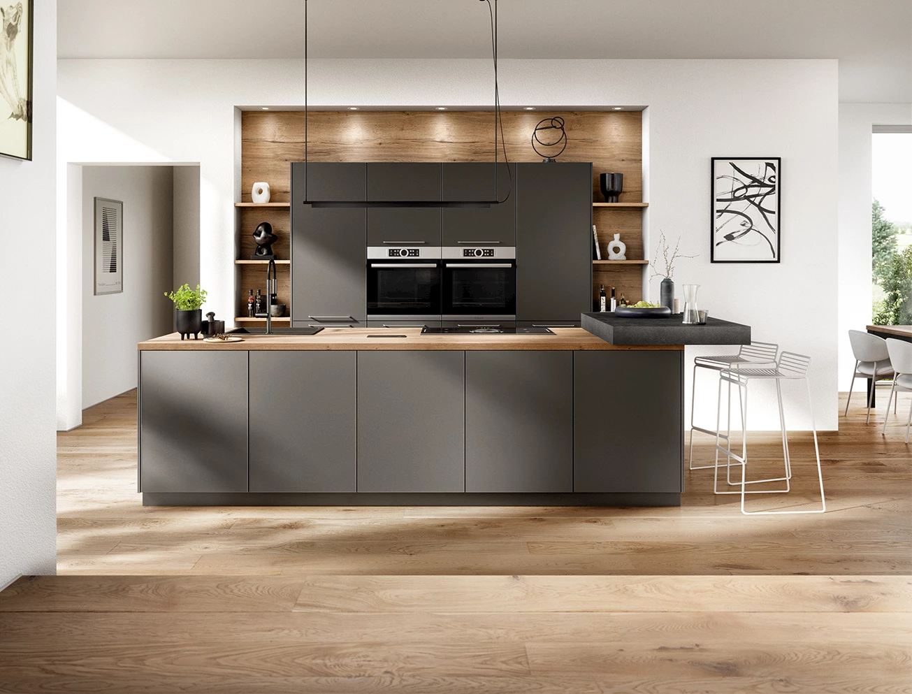Donkergrijze keuken houtlook