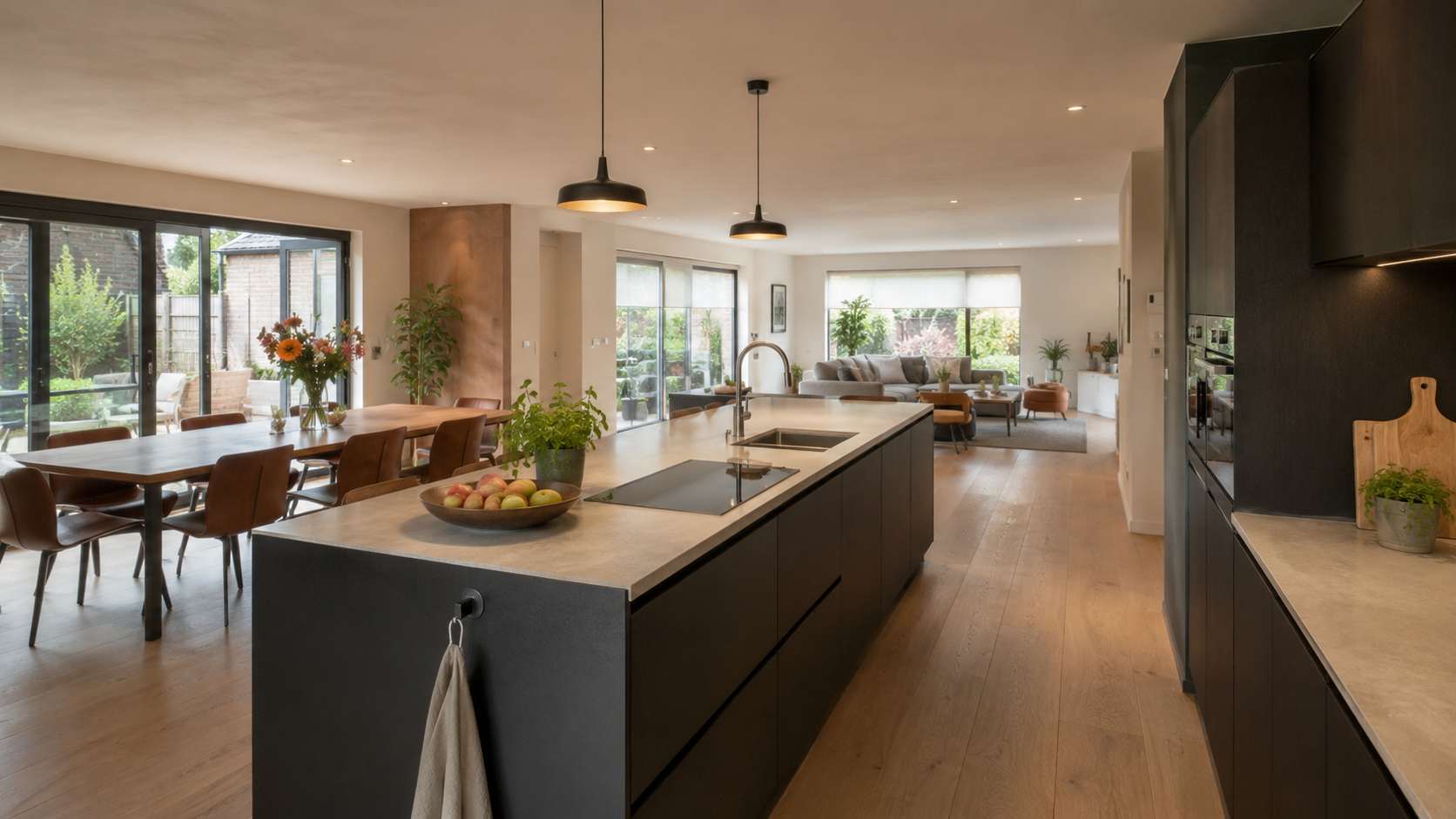 Ruime design-woonkeuken met een donker eiland die overloopt in de eet- en woonkamer