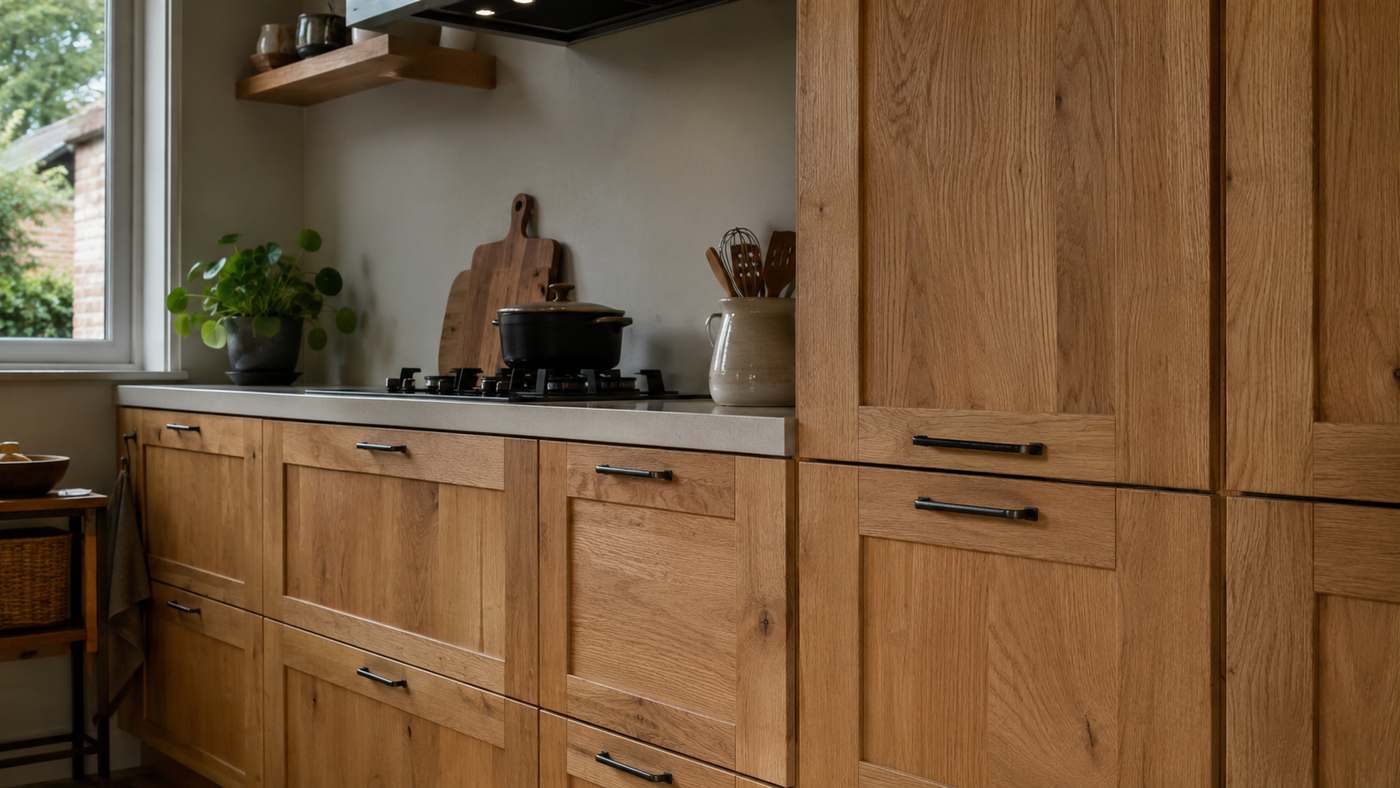 Eiken keuken met massief eiken kaderfronten en een duidelijk zichtbare houtnerf