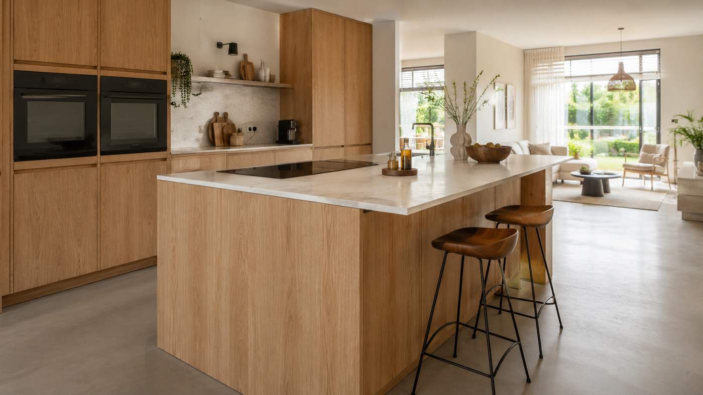 Lichte eiken keuken met kookeiland en een marmerlook werkblad als blikvanger