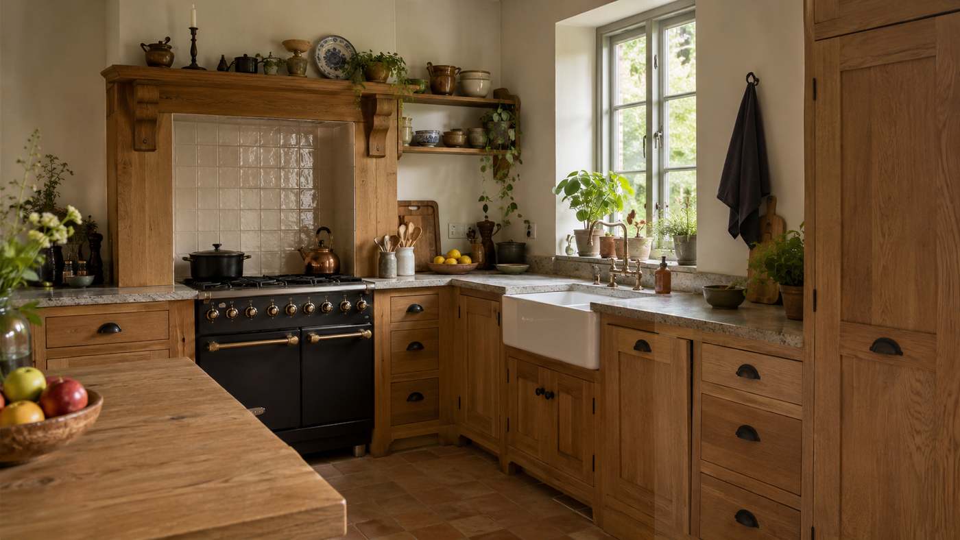 Landelijke eiken keuken met kaderfronten, een zwart fornuis en een wit keramieken spoelbak