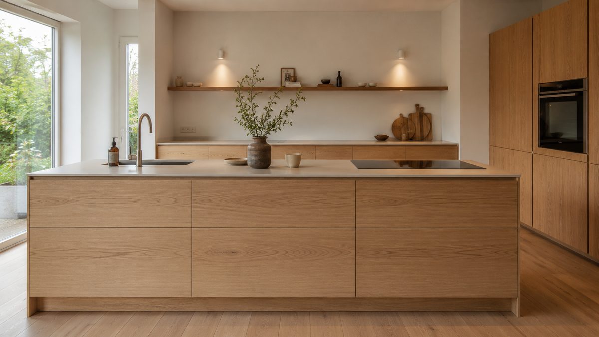 Eiken keuken met een kookeiland als middelpunt van een open keuken