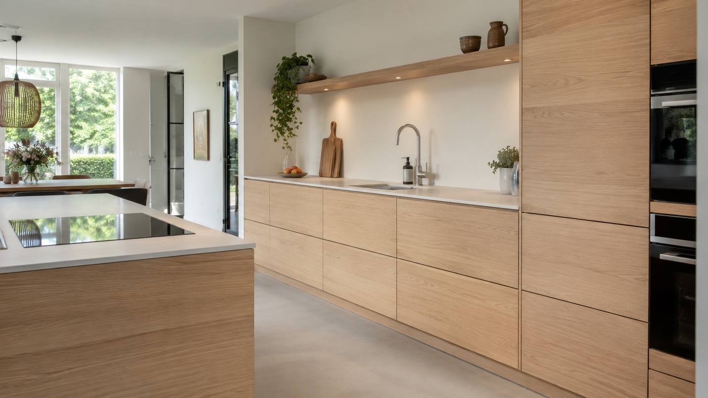 Lichte eiken keuken met een houten vloer