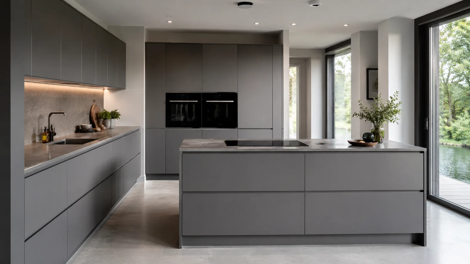 Moderne greeploze grijze keuken met kookeiland en licht werkblad