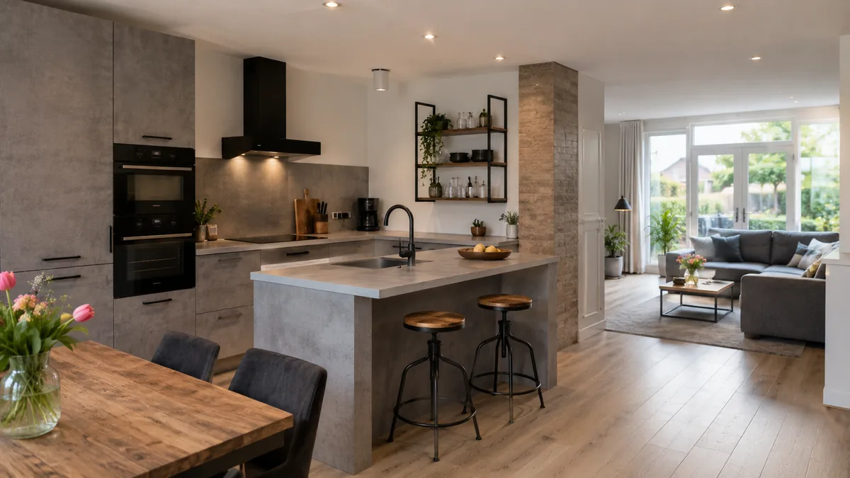 Grijze industriële keuken met betonlook, open naar de woonkamer