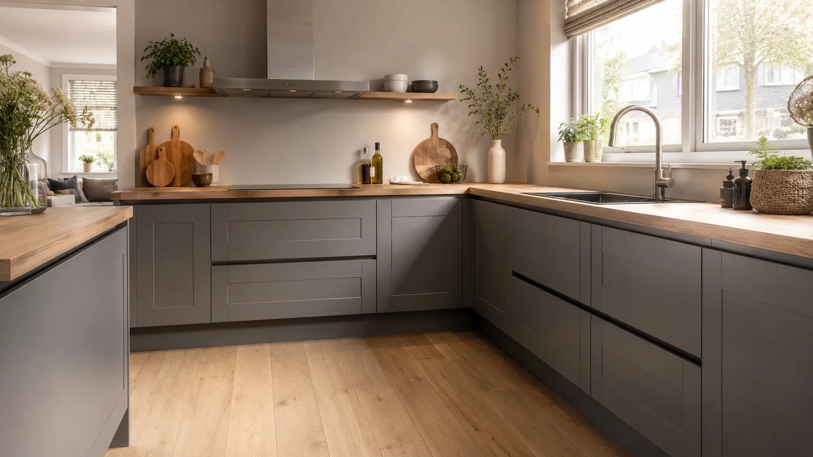 Grijze keuken gecombineerd met houten werkbladen en een houten vloer